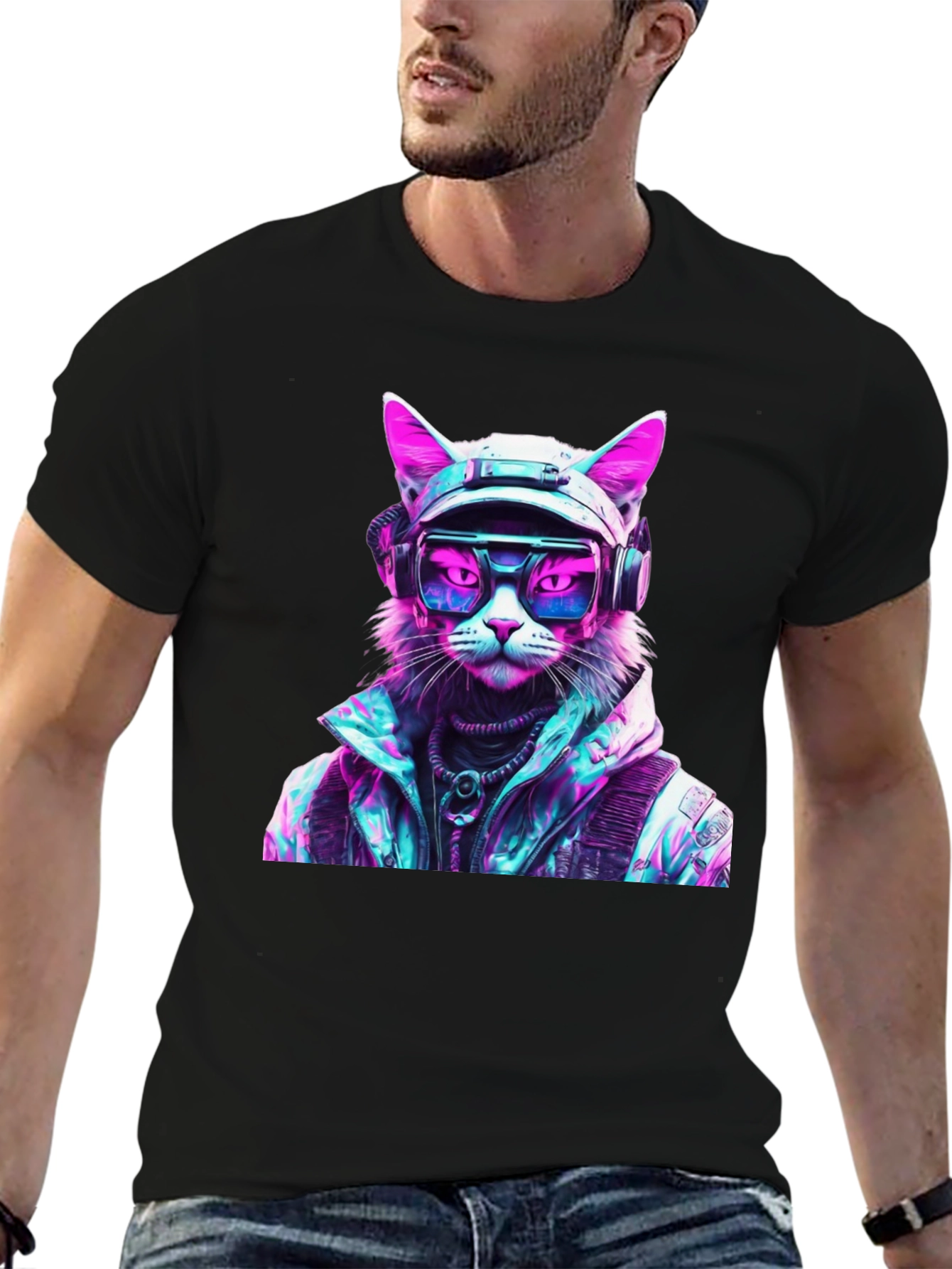 Cyberpunk Cat Graphic T-Shirt - Futuristic Style