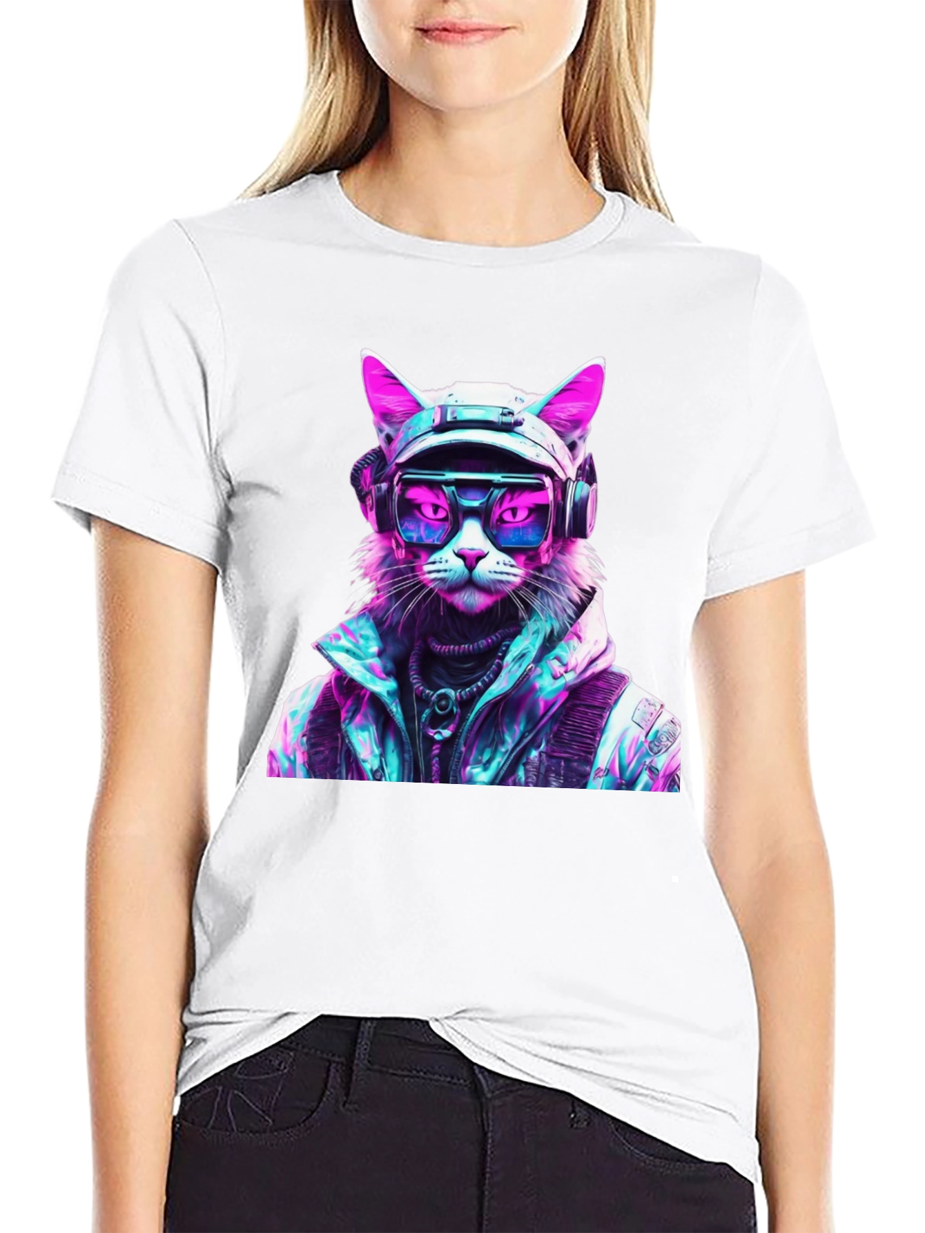Cyberpunk Cat Graphic T-Shirt - Futuristic Style