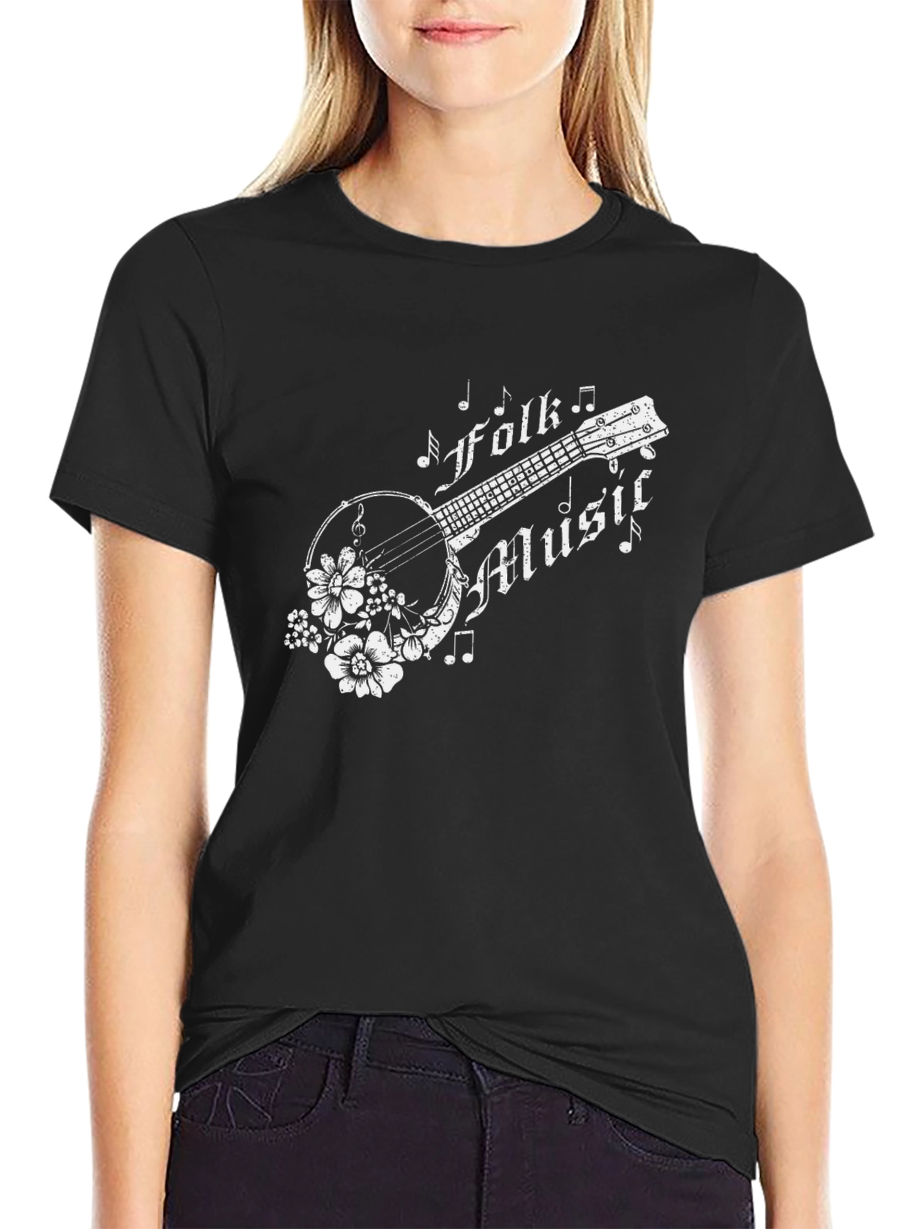 Folk Music Banjo Graphic T-Shirt - Black