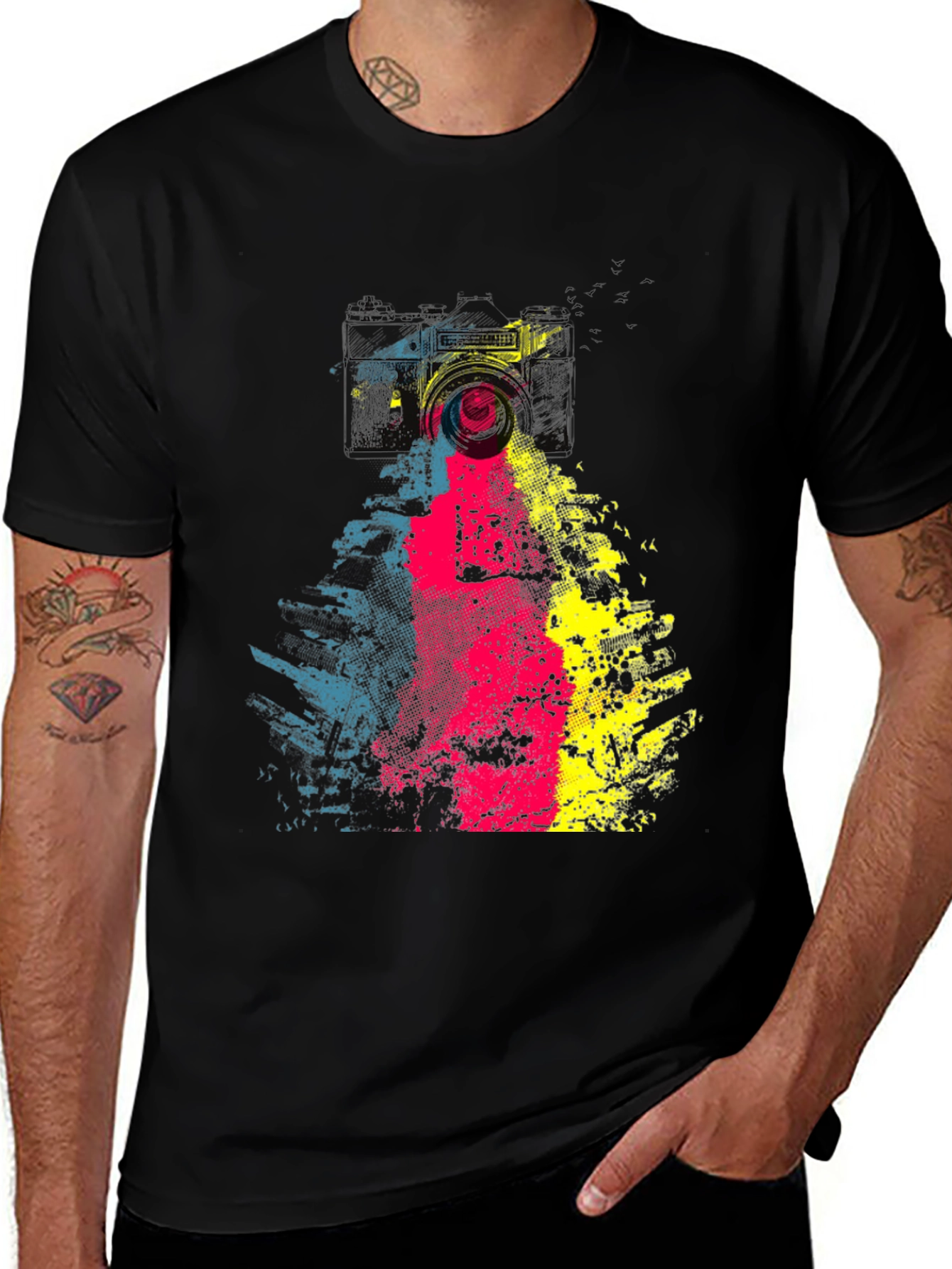 Camera Graphic Print Mens Black T-Shirt