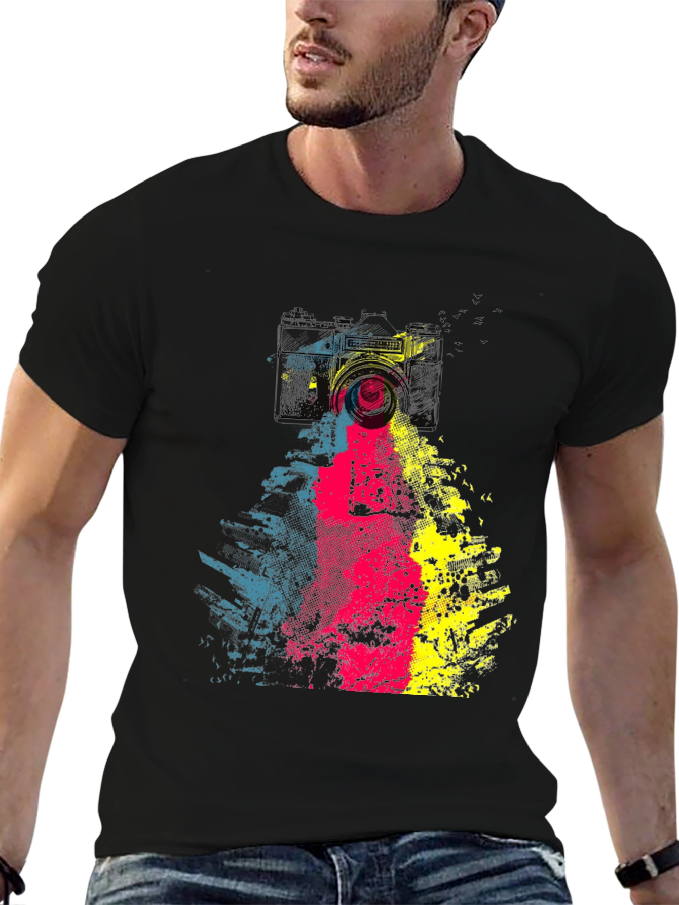 Camera Graphic Print Mens Black T-Shirt