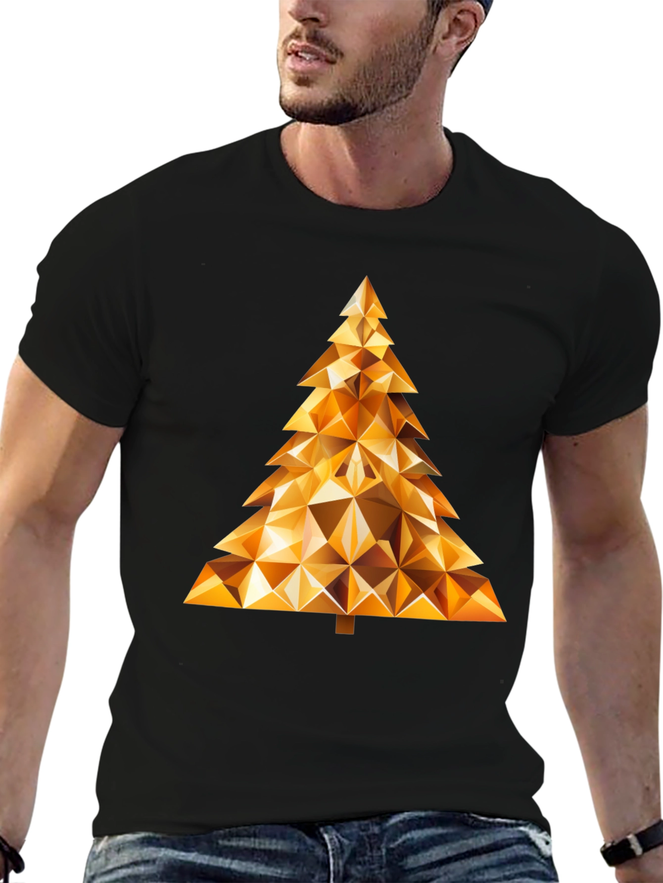 Geometric Gold Christmas Tree Black T-Shirt