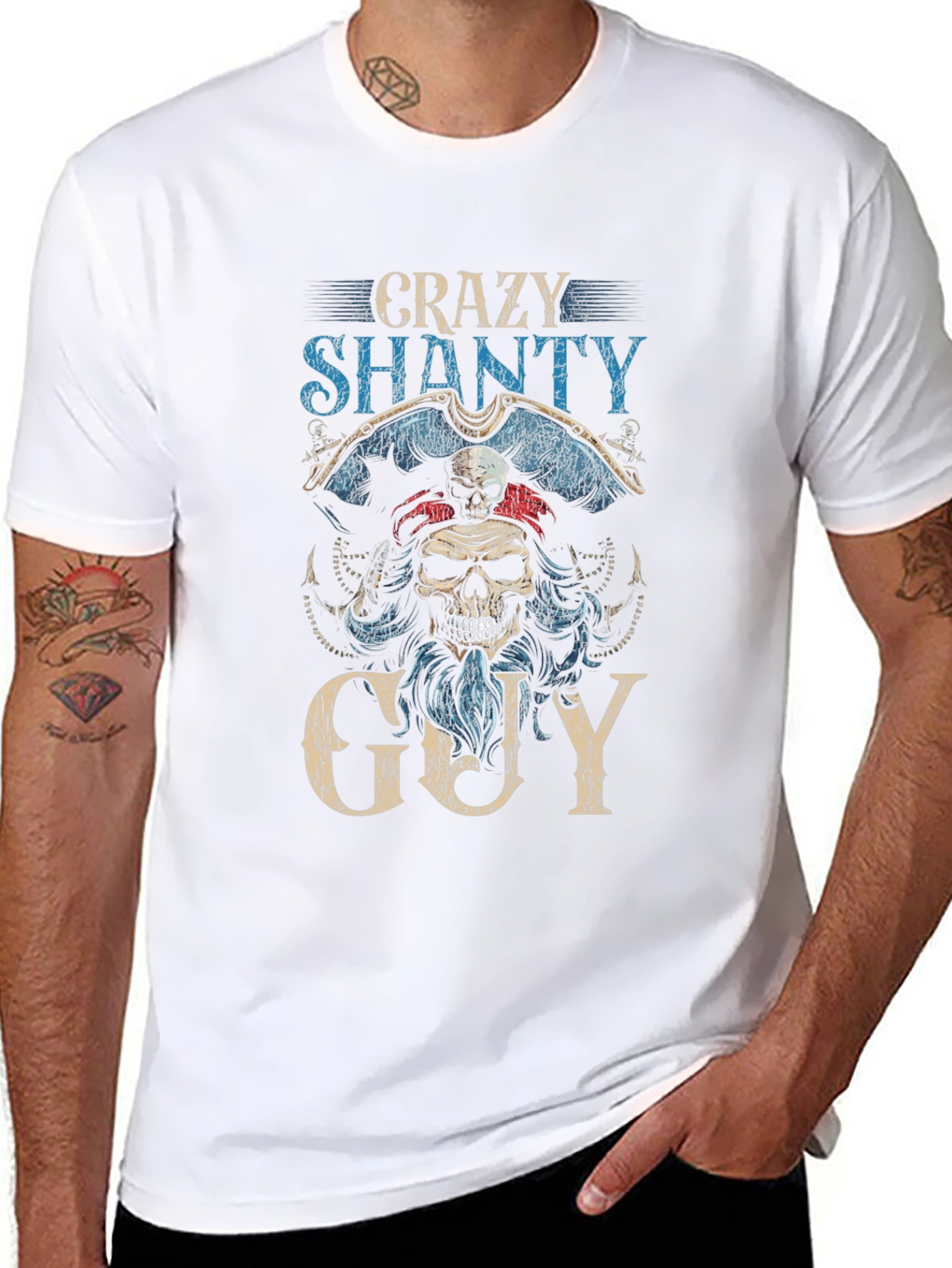 Crazy Shanty Guy Graphic T-Shirt - Pirate Skull Design