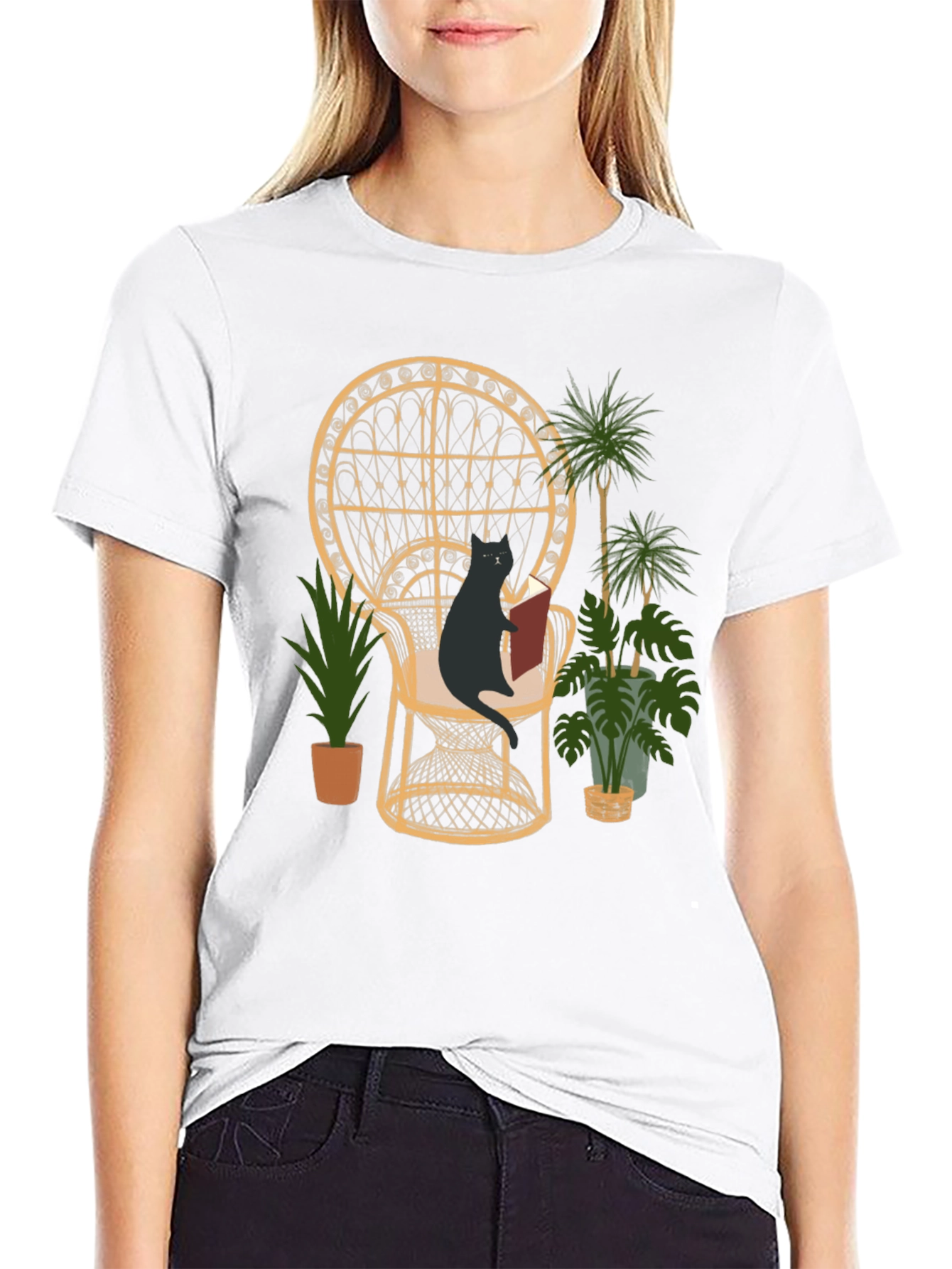 Reading Cat Graphic Tee - Whimsical Style
