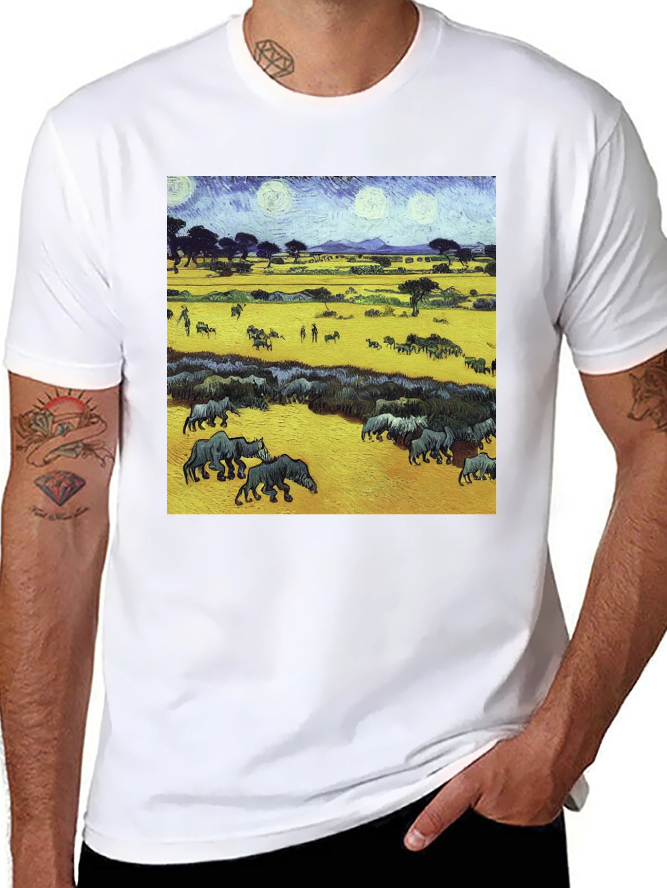 Artistic Wildlife Tee: Painterly Rhino Scene