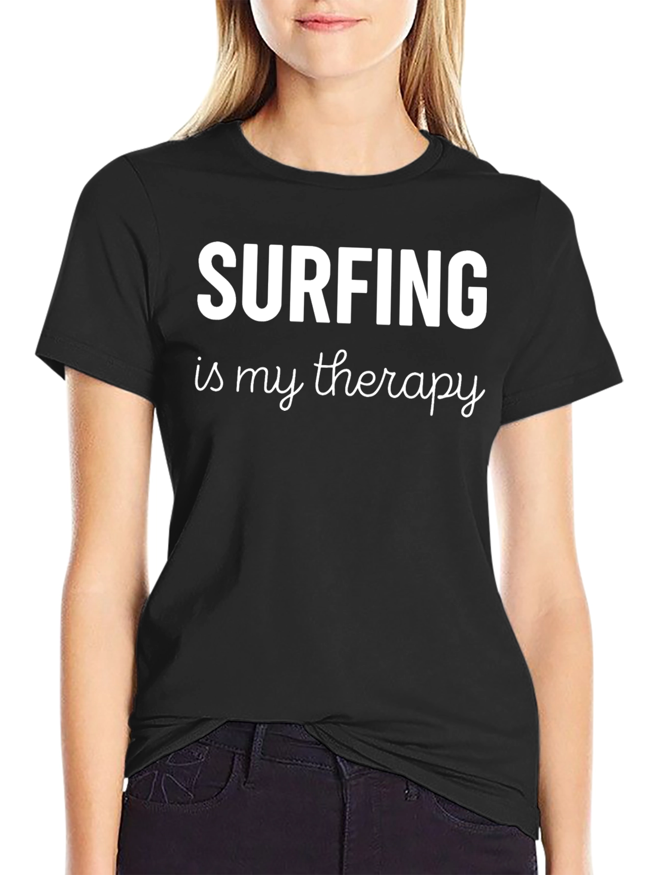 Surfing is My Therapy Black Graphic T-Shirt