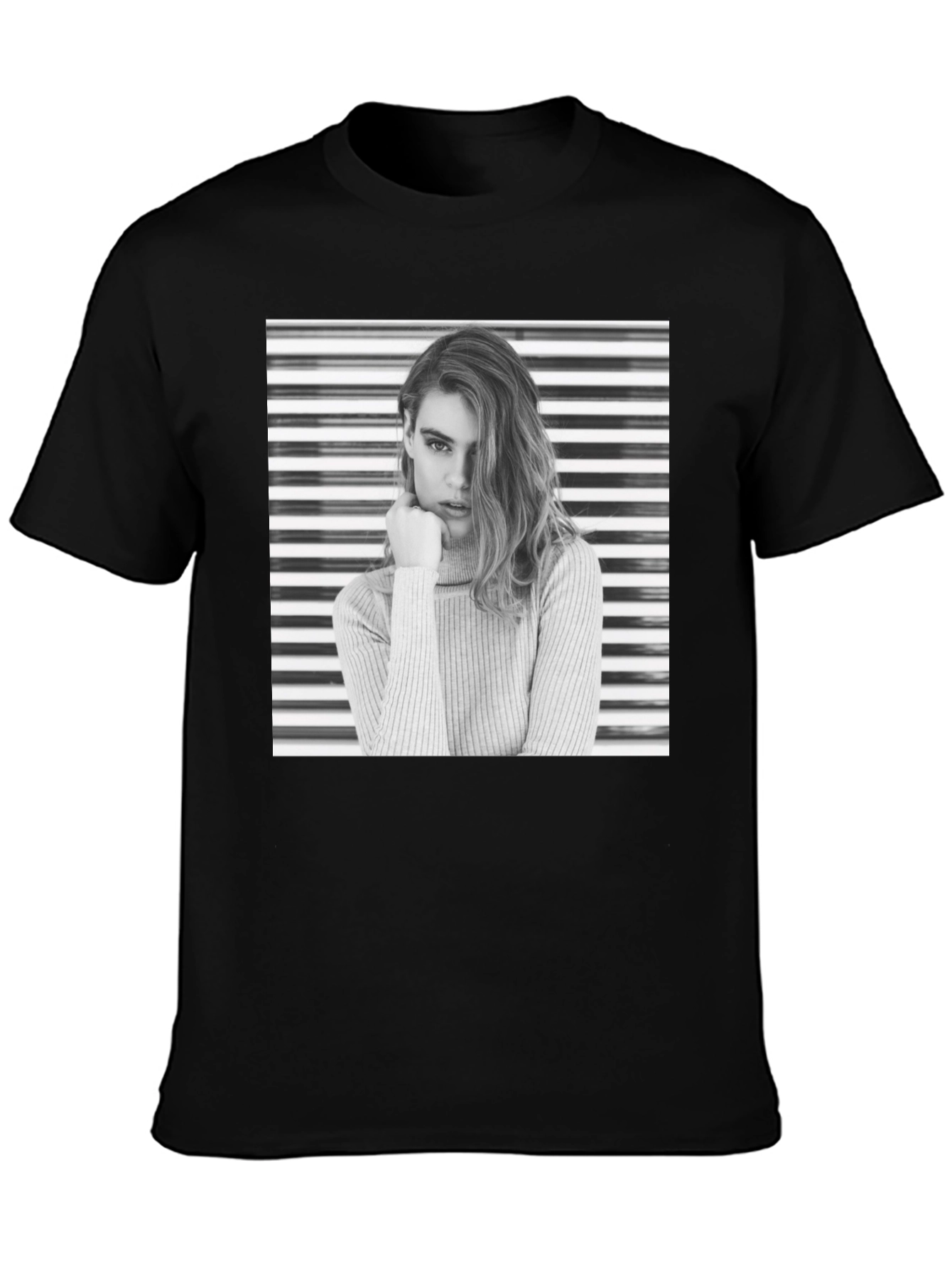 Modern Black T-Shirt with Striking Woman Graphic