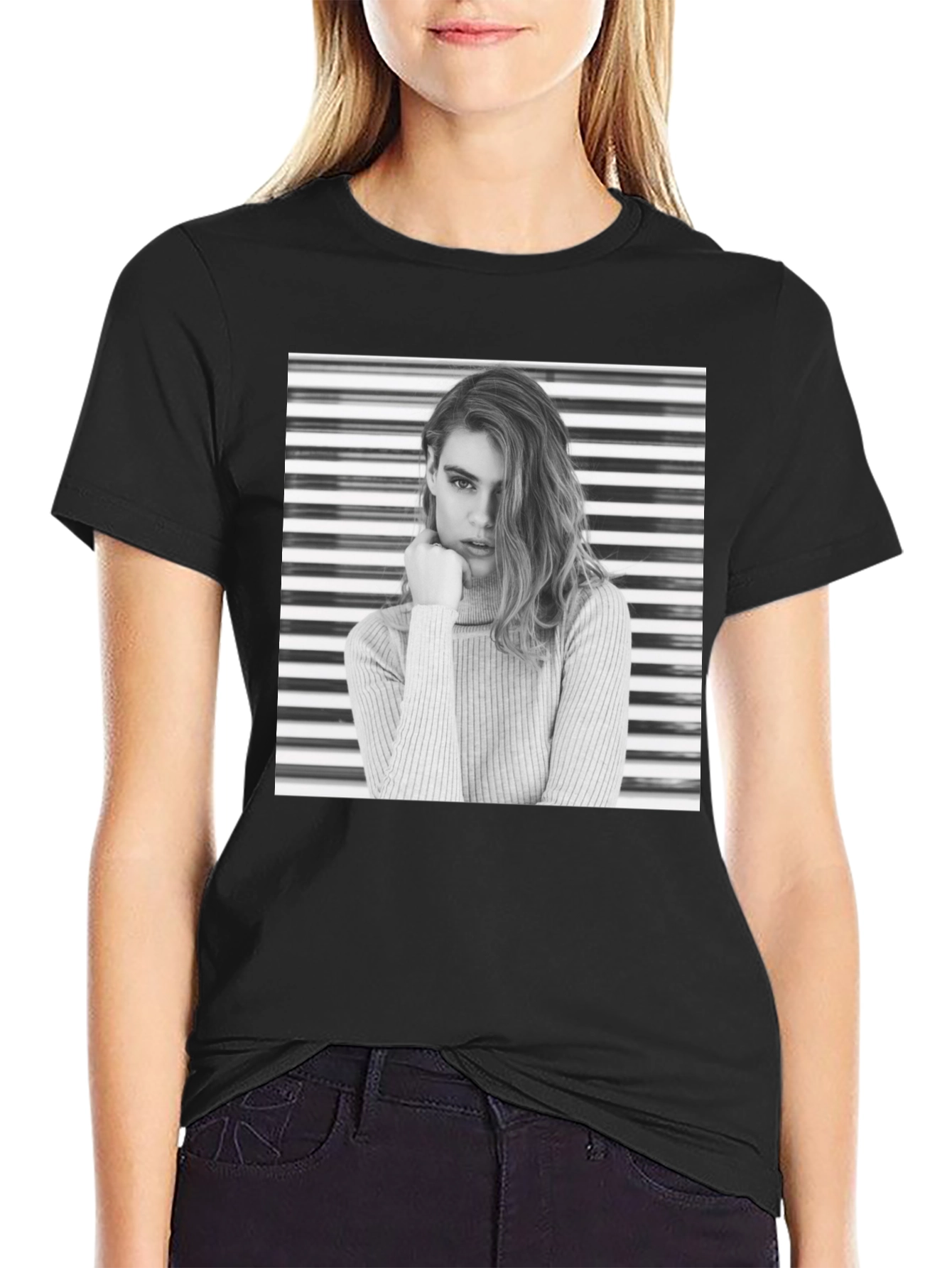 Modern Black T-Shirt with Striking Woman Graphic