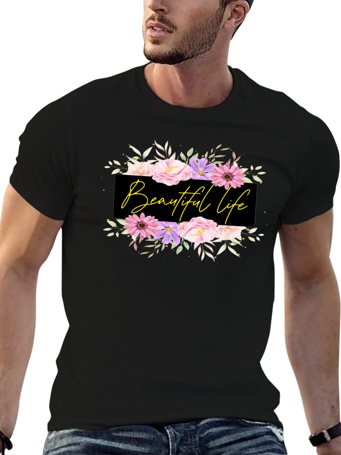 Beautiful Life Floral Graphic Black T-Shirt