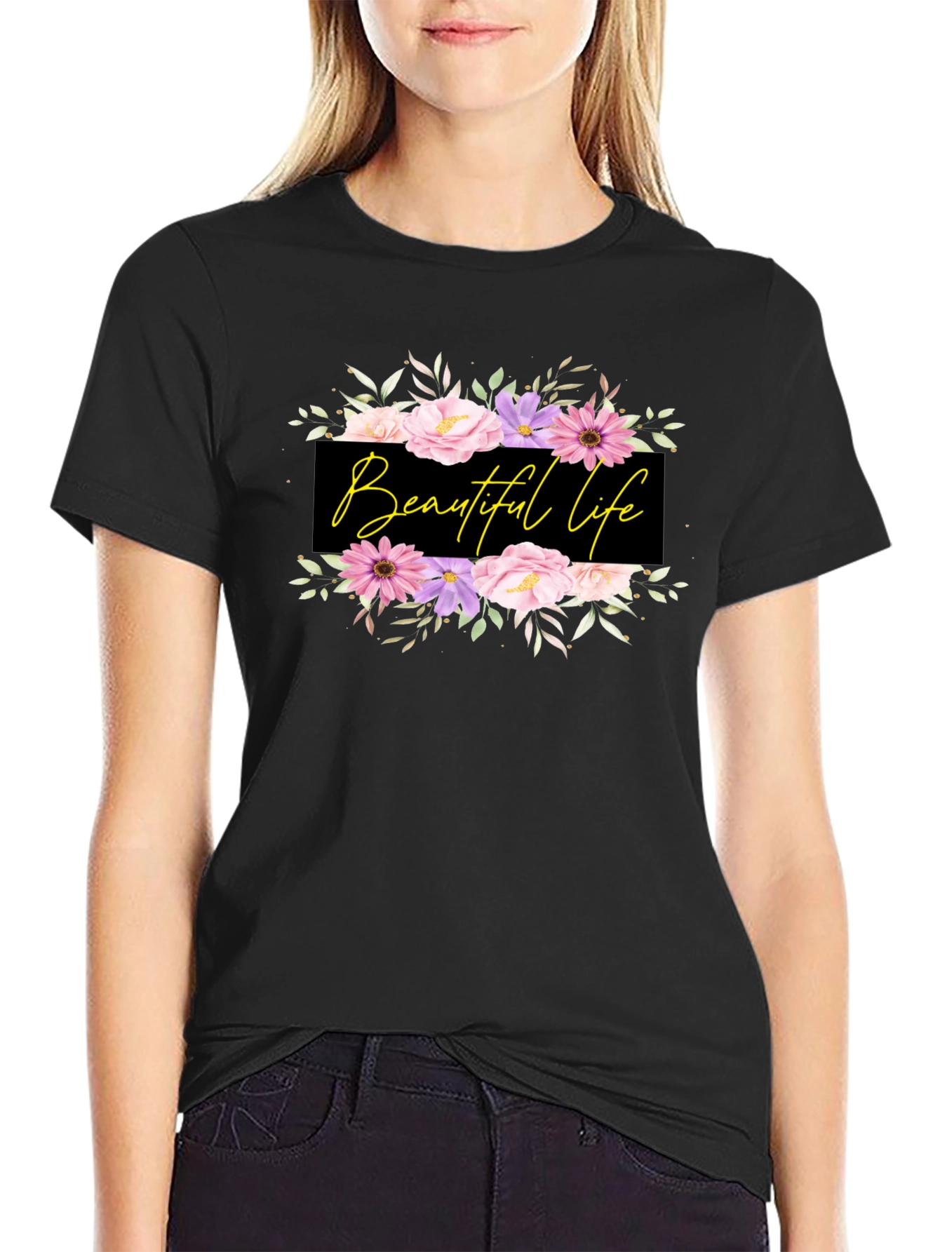 Beautiful Life Floral Graphic Black T-Shirt