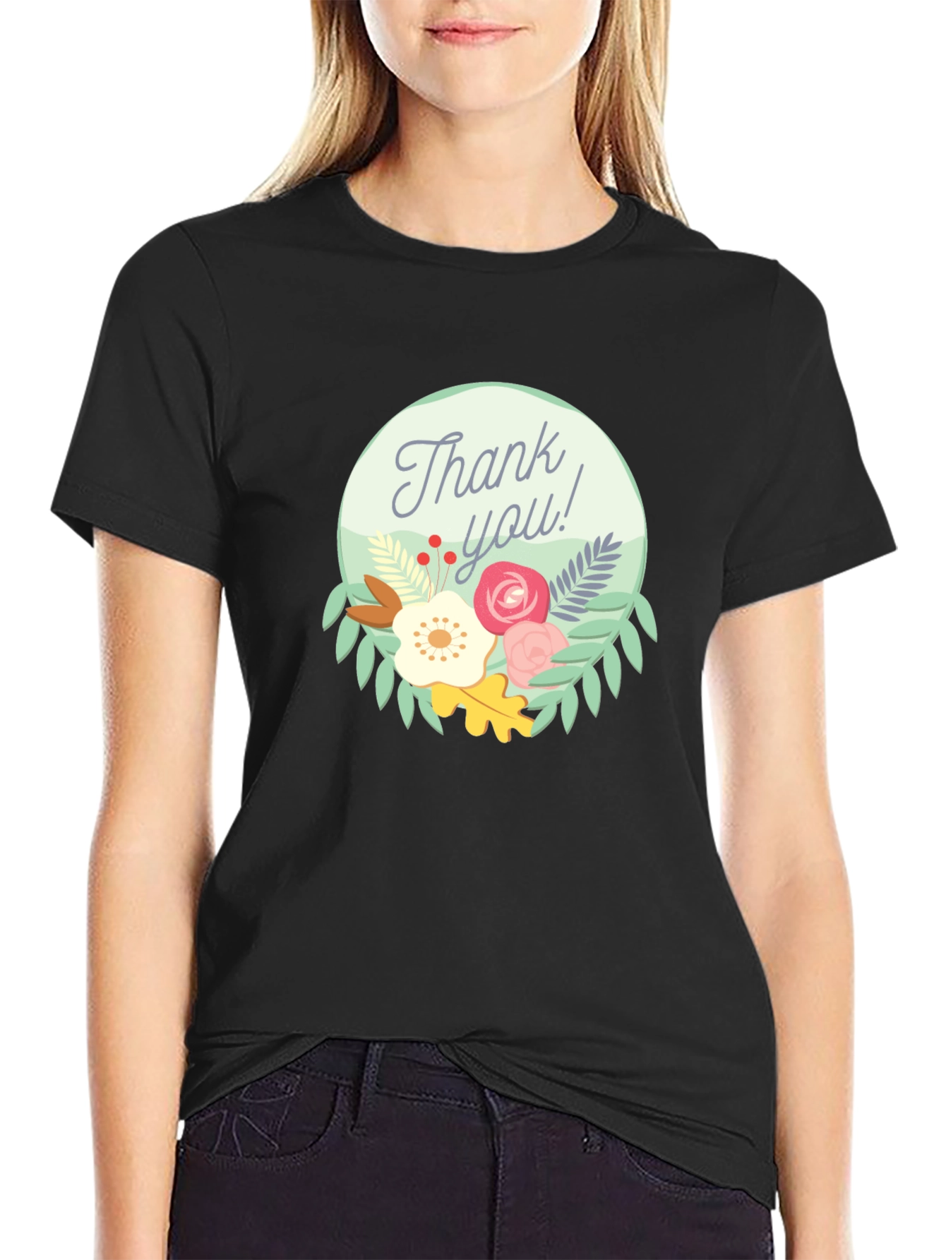 Thank You Floral Graphic Tee - Black
