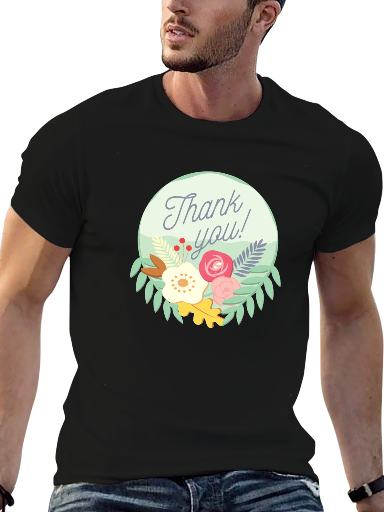 Thank You Floral Graphic Tee - Black