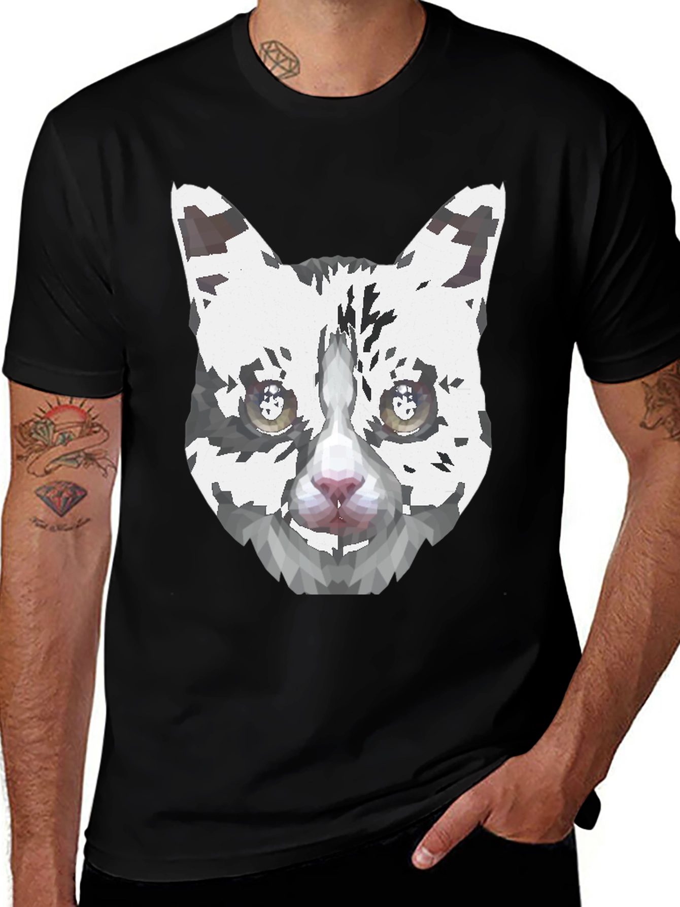 Geometric Cat Face Graphic Print Mens Black T-Shirt