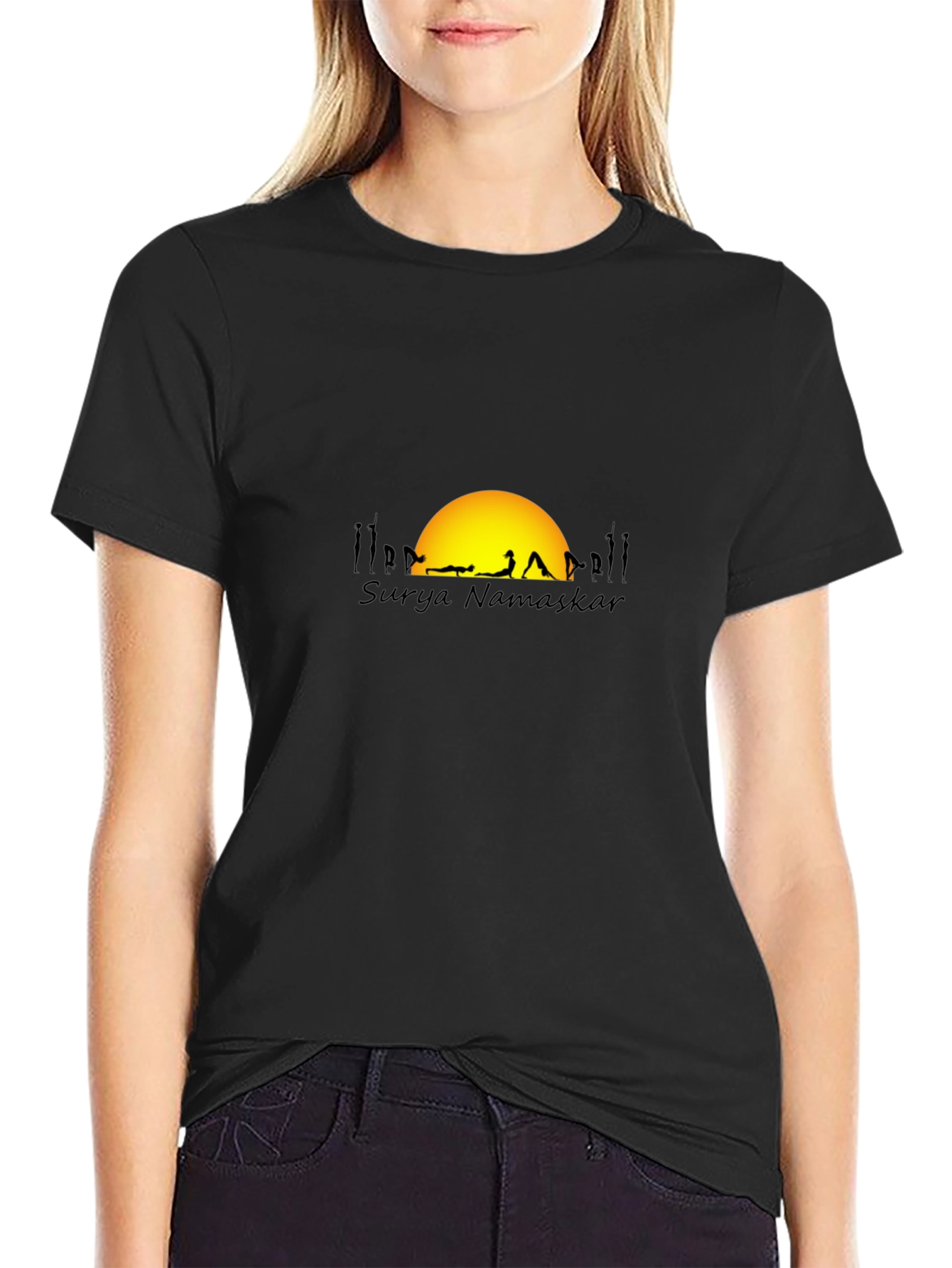 Surya Namaskar Black T-Shirt - Yoga & Sun Design