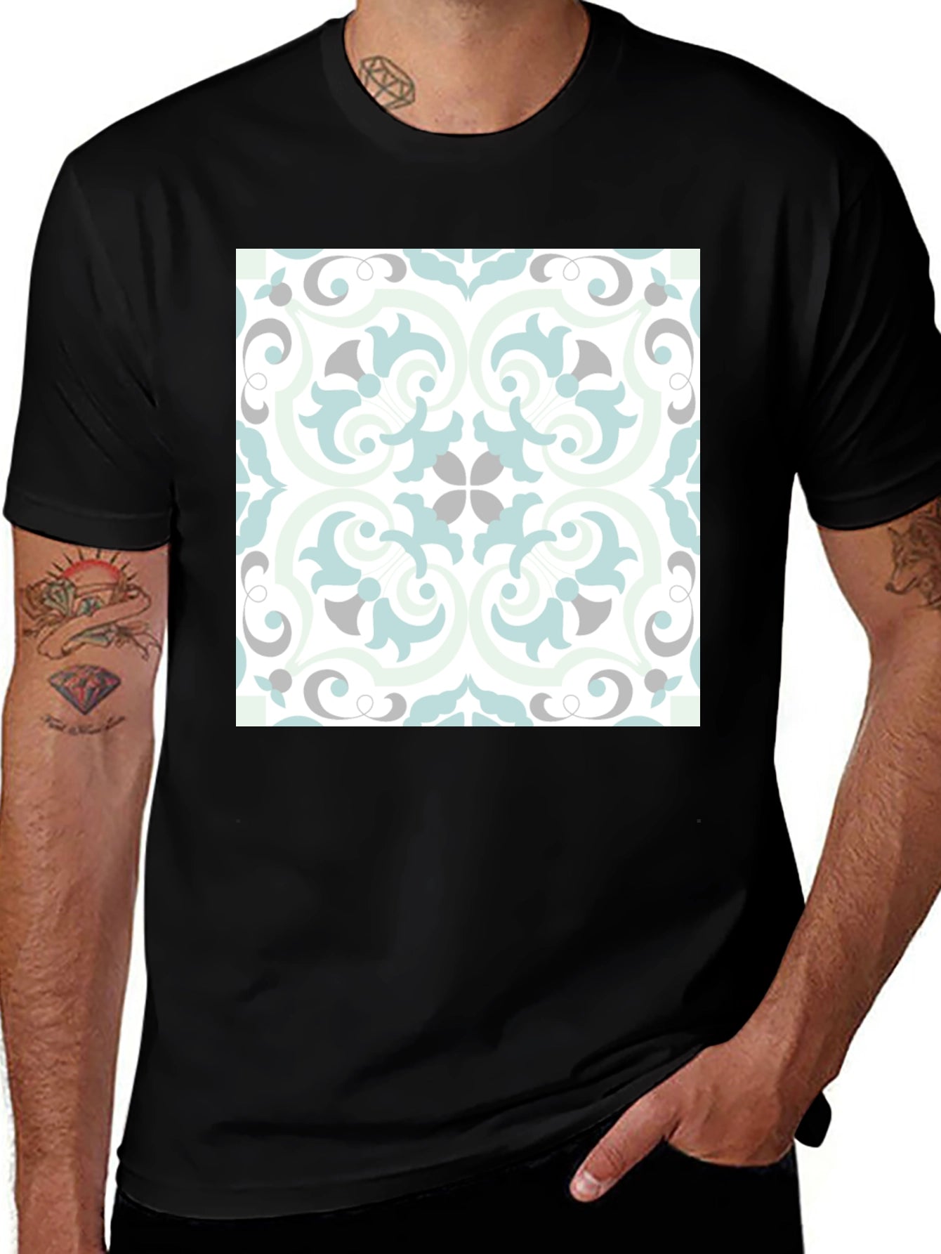 Stylish Black Tee with Ornate Tile Design
