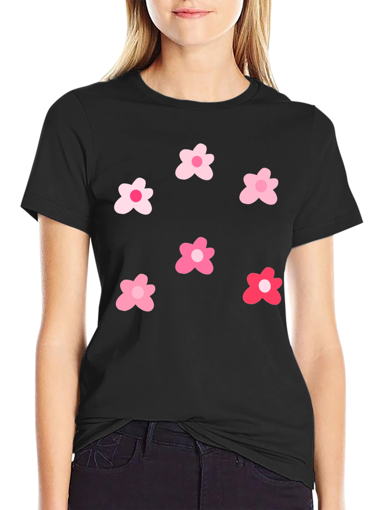 Black T-Shirt with Pink Flower Pattern
