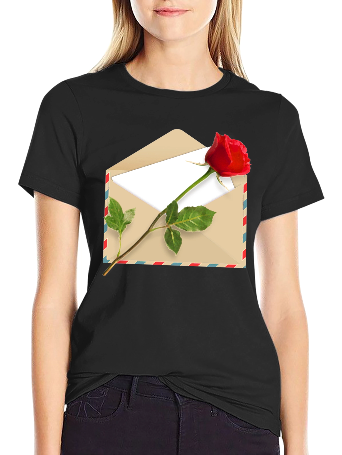 Romantic Rose Envelope Graphic Tee - Black