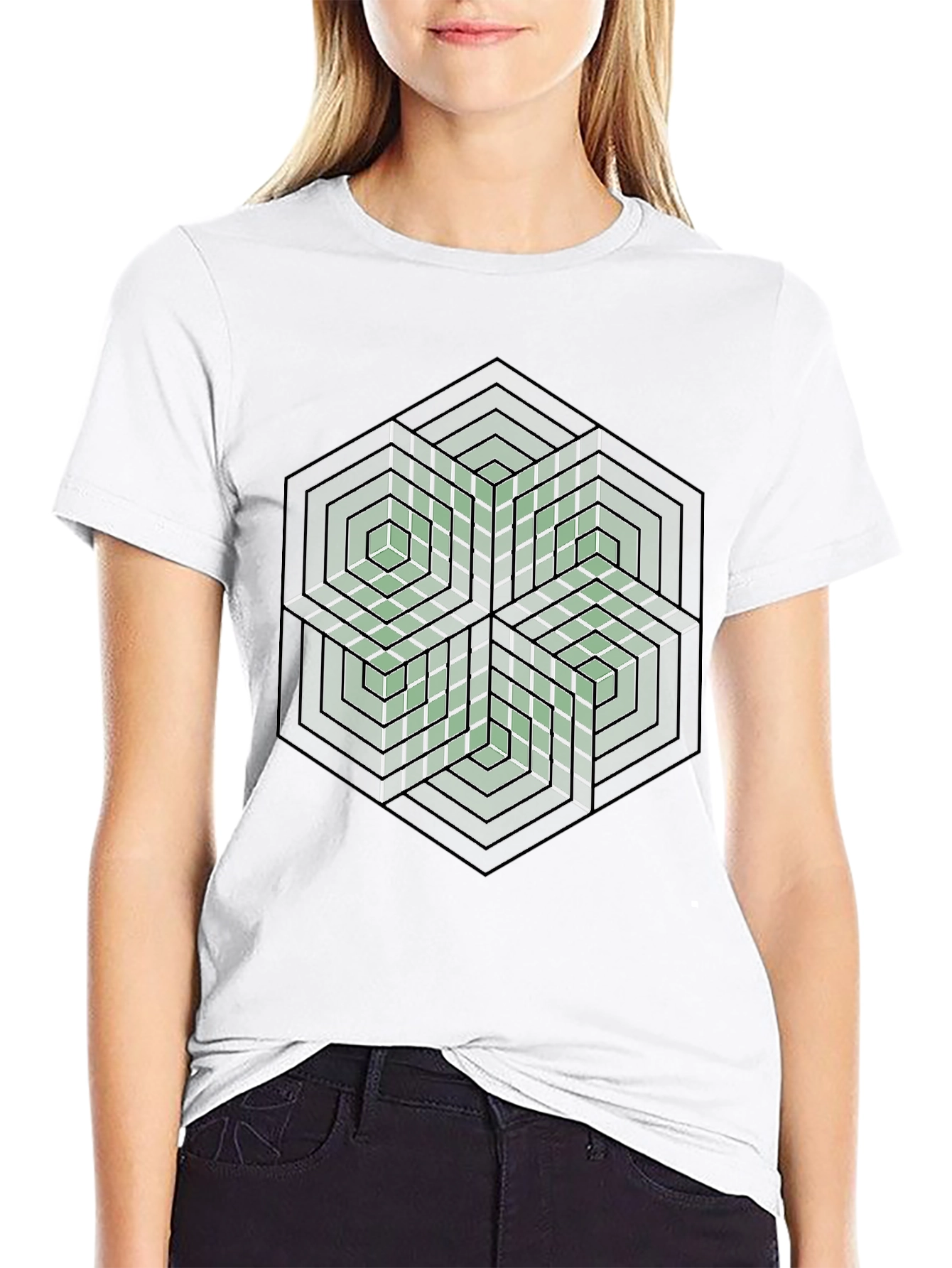 Geometric Hexagon Illusion Graphic Tee - Black