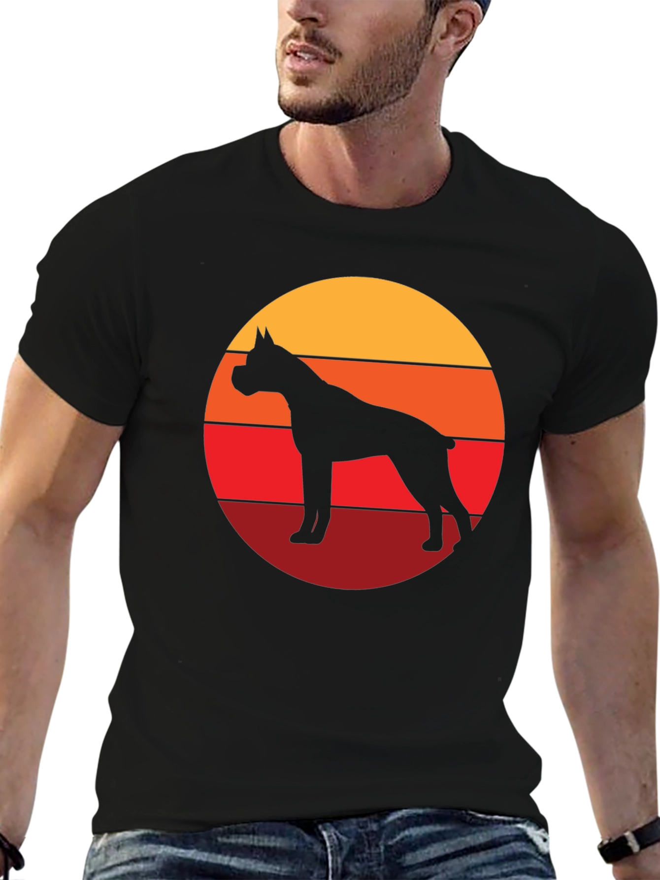 Boxer Dog Silhouette Sunset Graphic Tee - Black