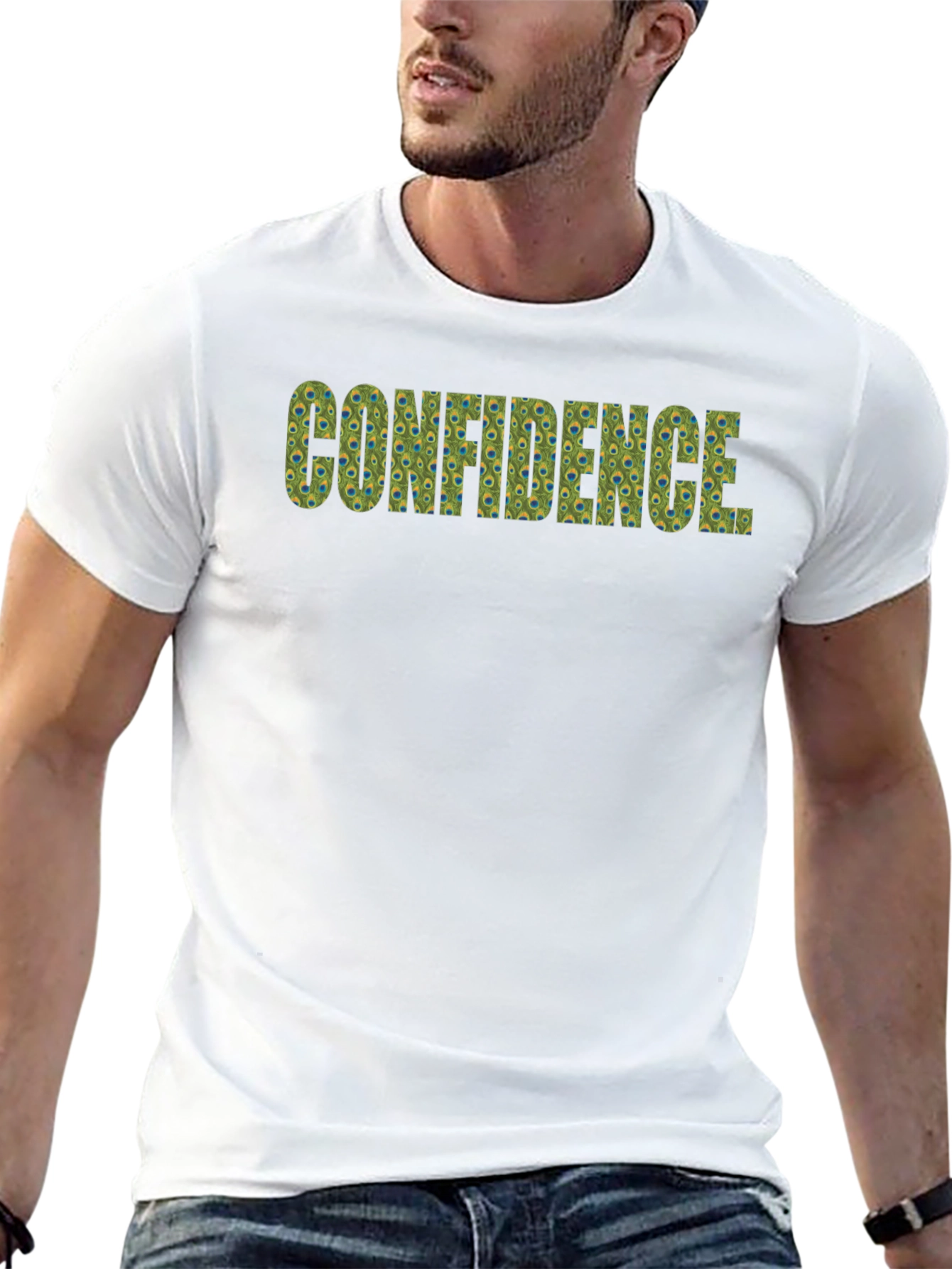 Confidence Peacock Feather Pattern Black T-Shirt