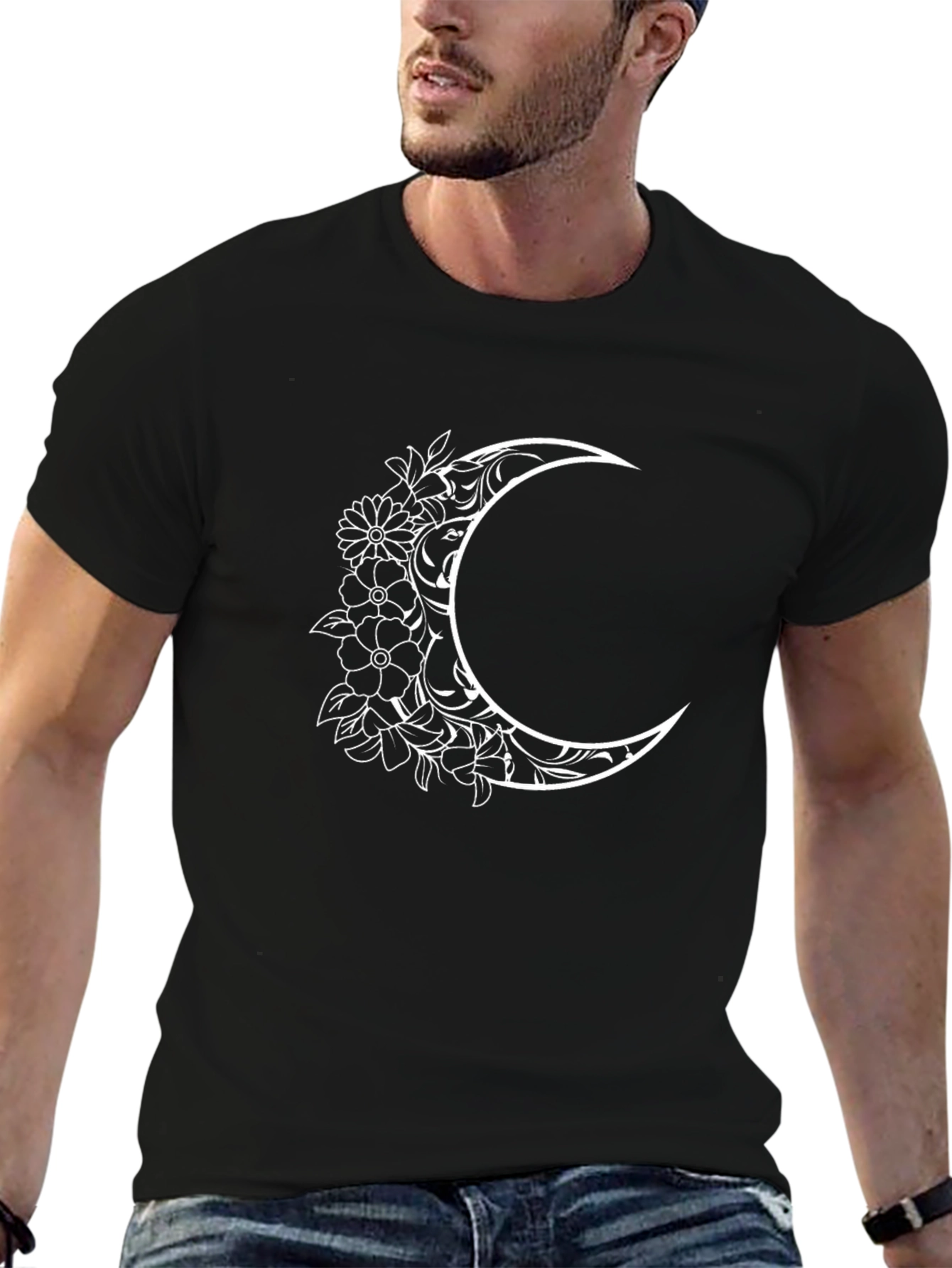Floral Crescent Moon Black T-Shirt