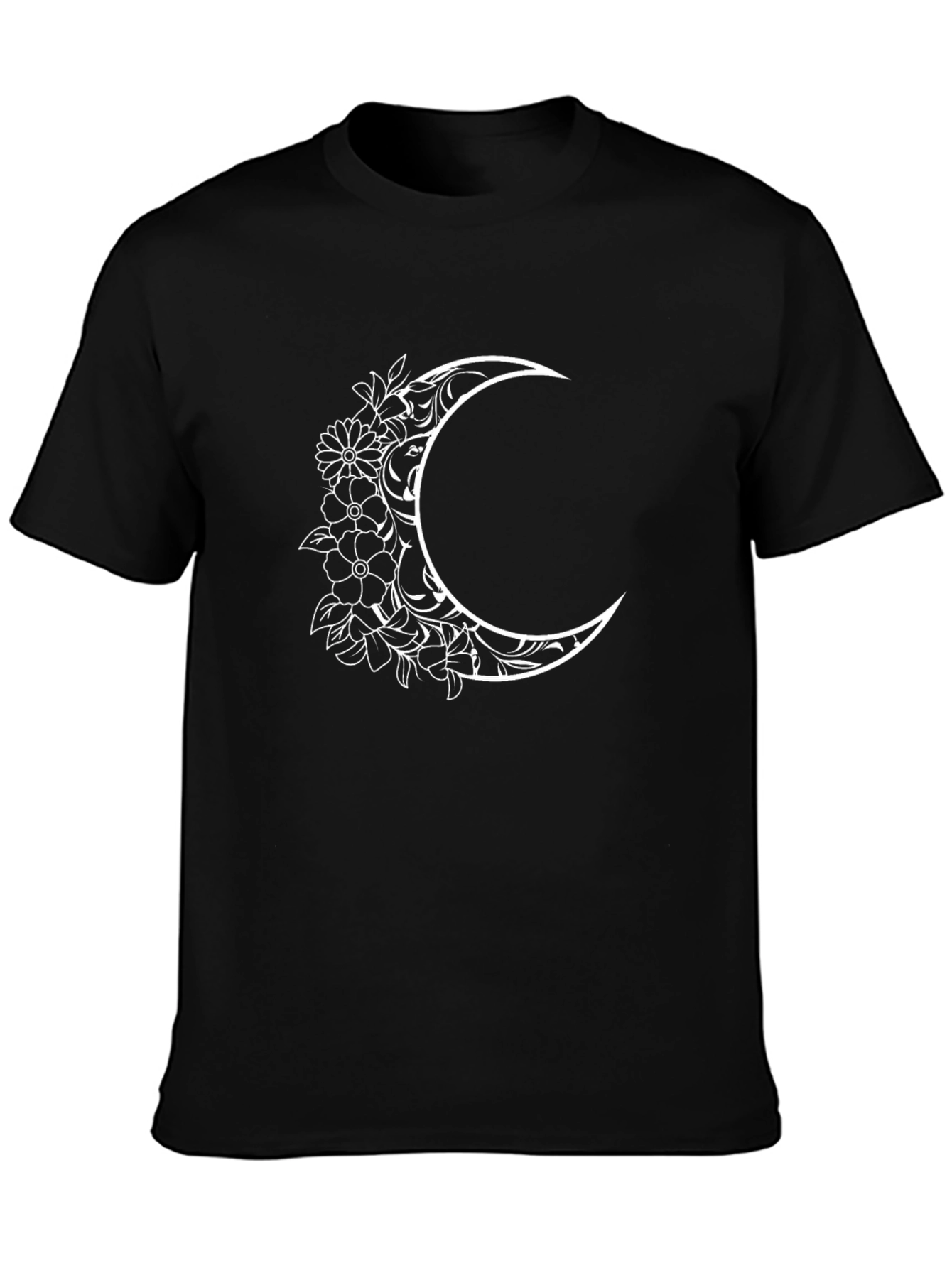 Floral Crescent Moon Black T-Shirt