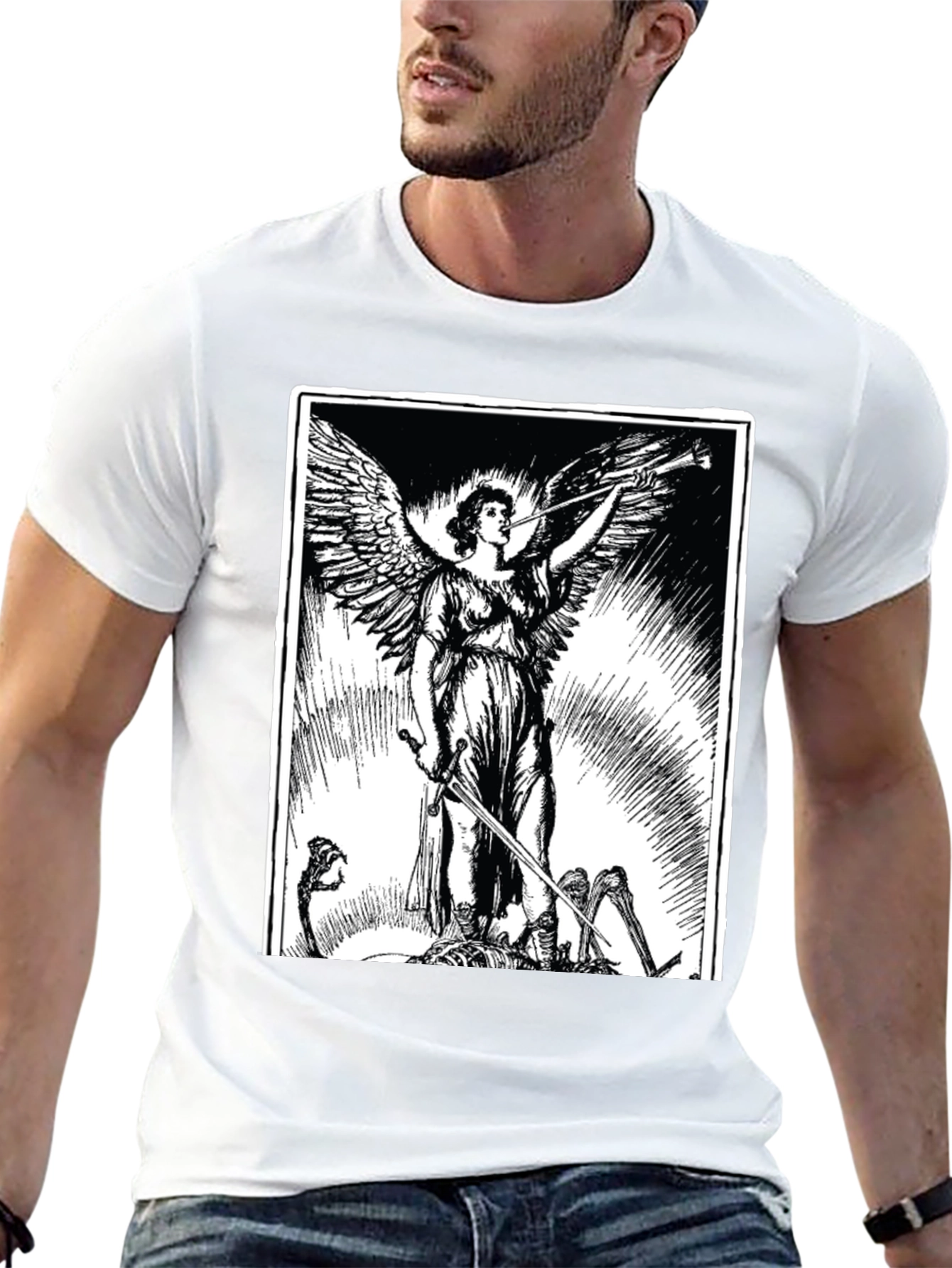 Angel with Sword Graphic Print Black T-Shirt