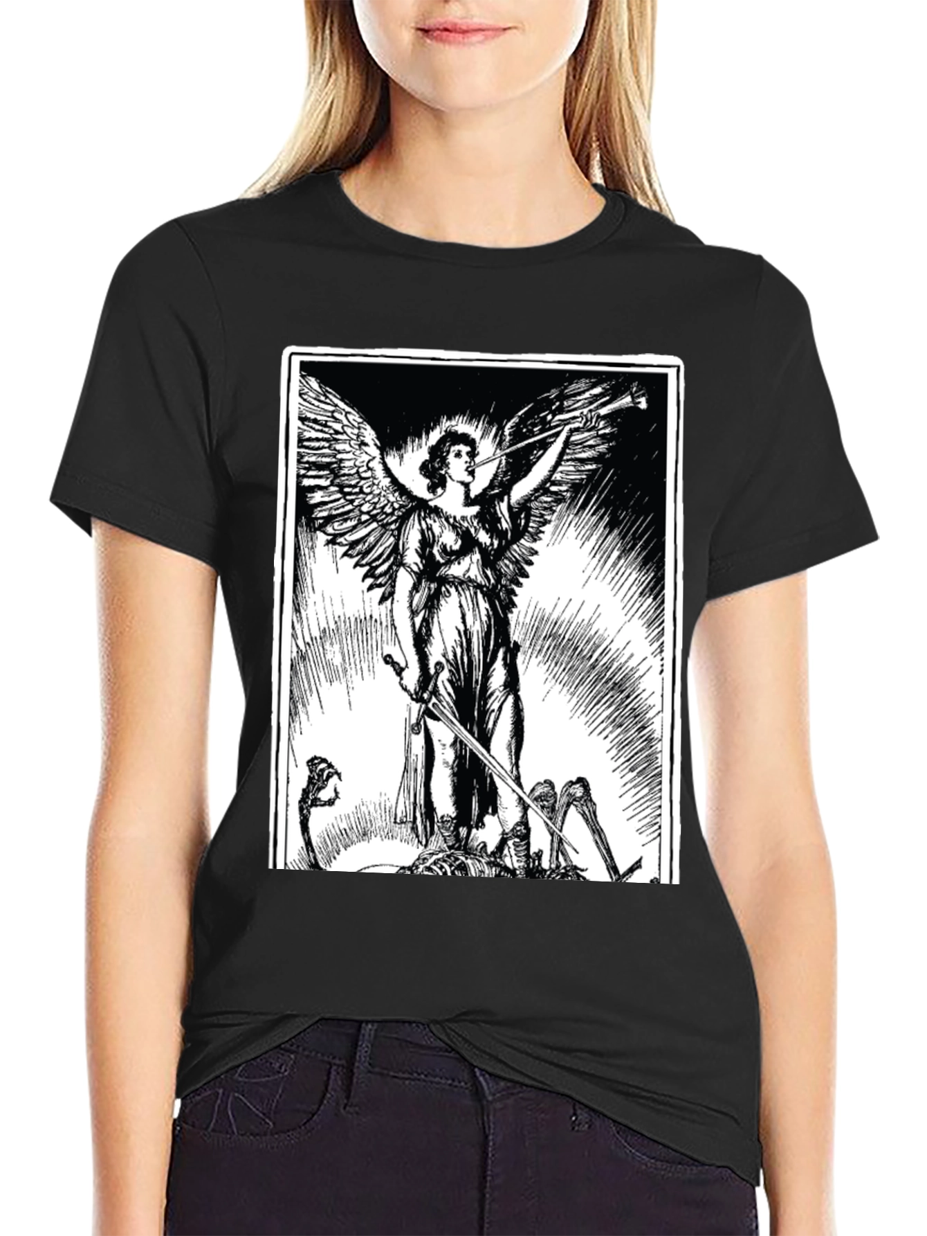 Angel with Sword Graphic Print Black T-Shirt