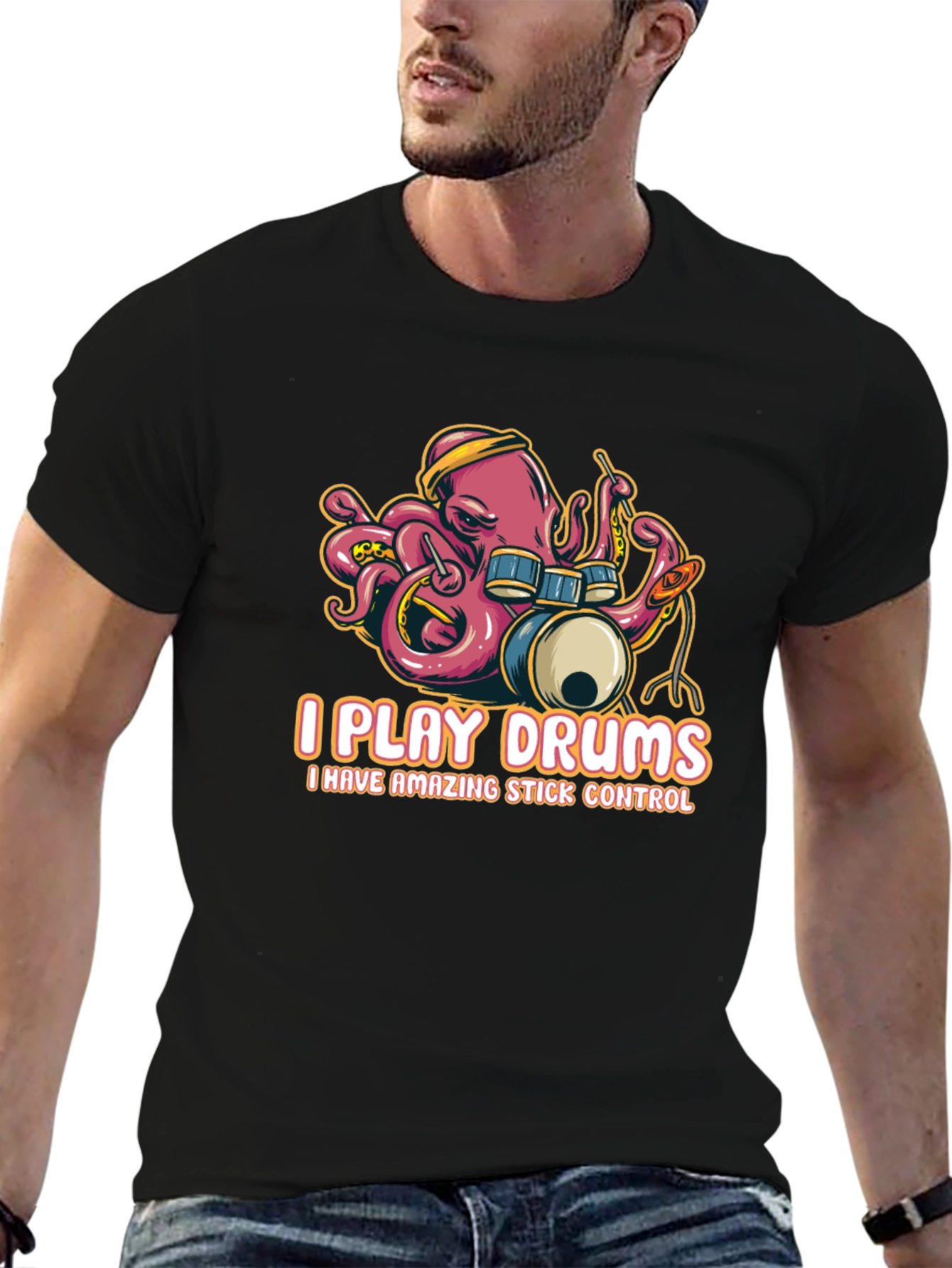 Octopus Drummer Black T-Shirt - I Play Drums