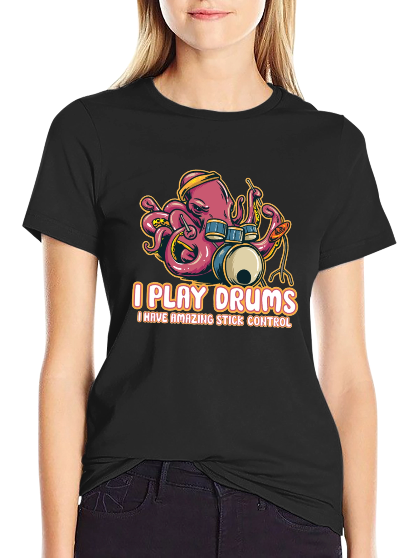 Octopus Drummer Black T-Shirt - I Play Drums