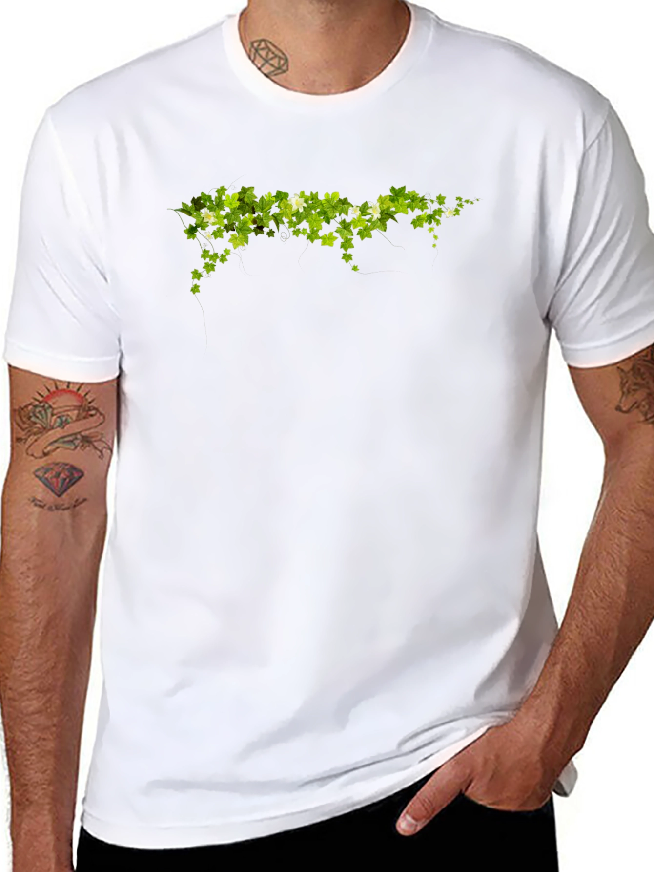 Green Leaf Design Black T-Shirt