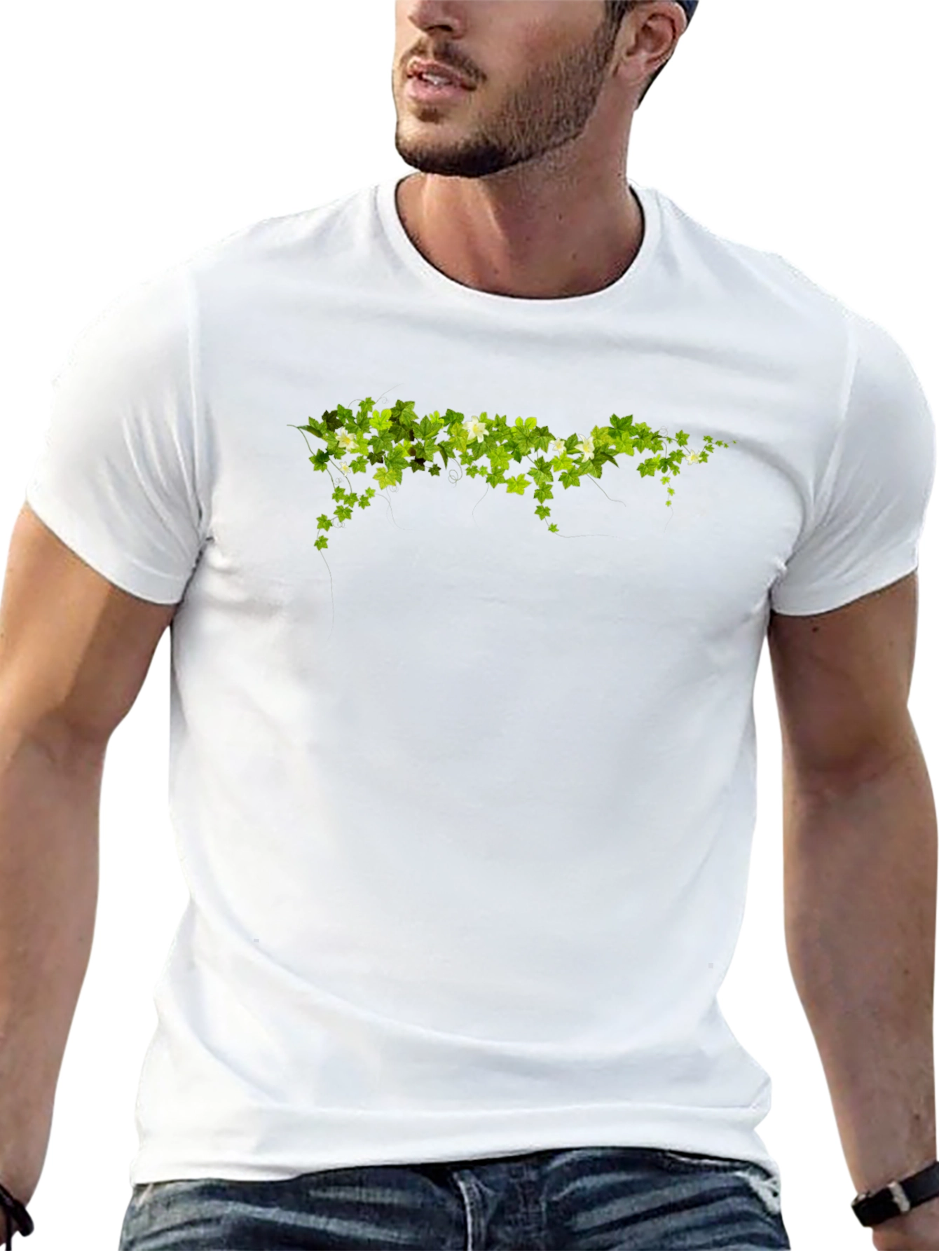 Green Leaf Design Black T-Shirt
