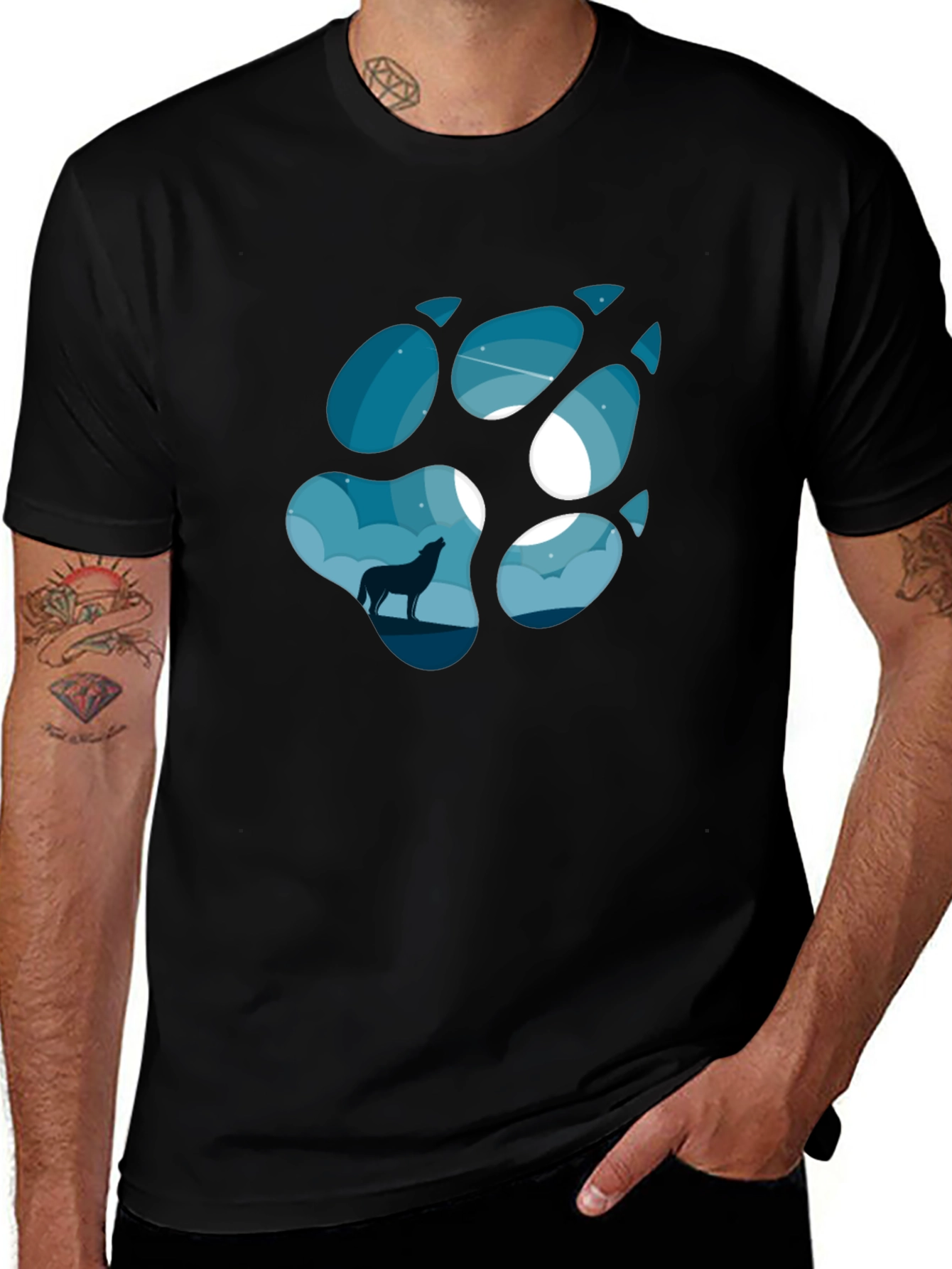 Wolf Paw Print T-Shirt - Night Sky Design