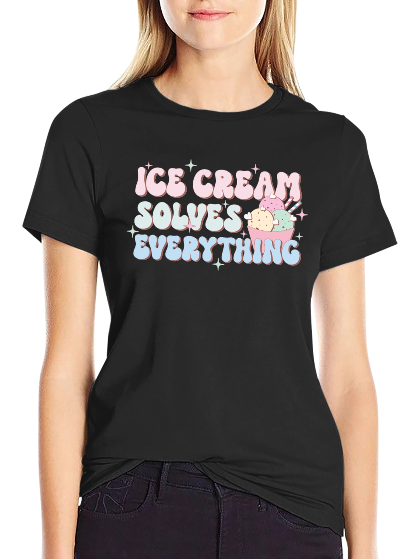 Ice Cream Solves Everything Black T-Shirt