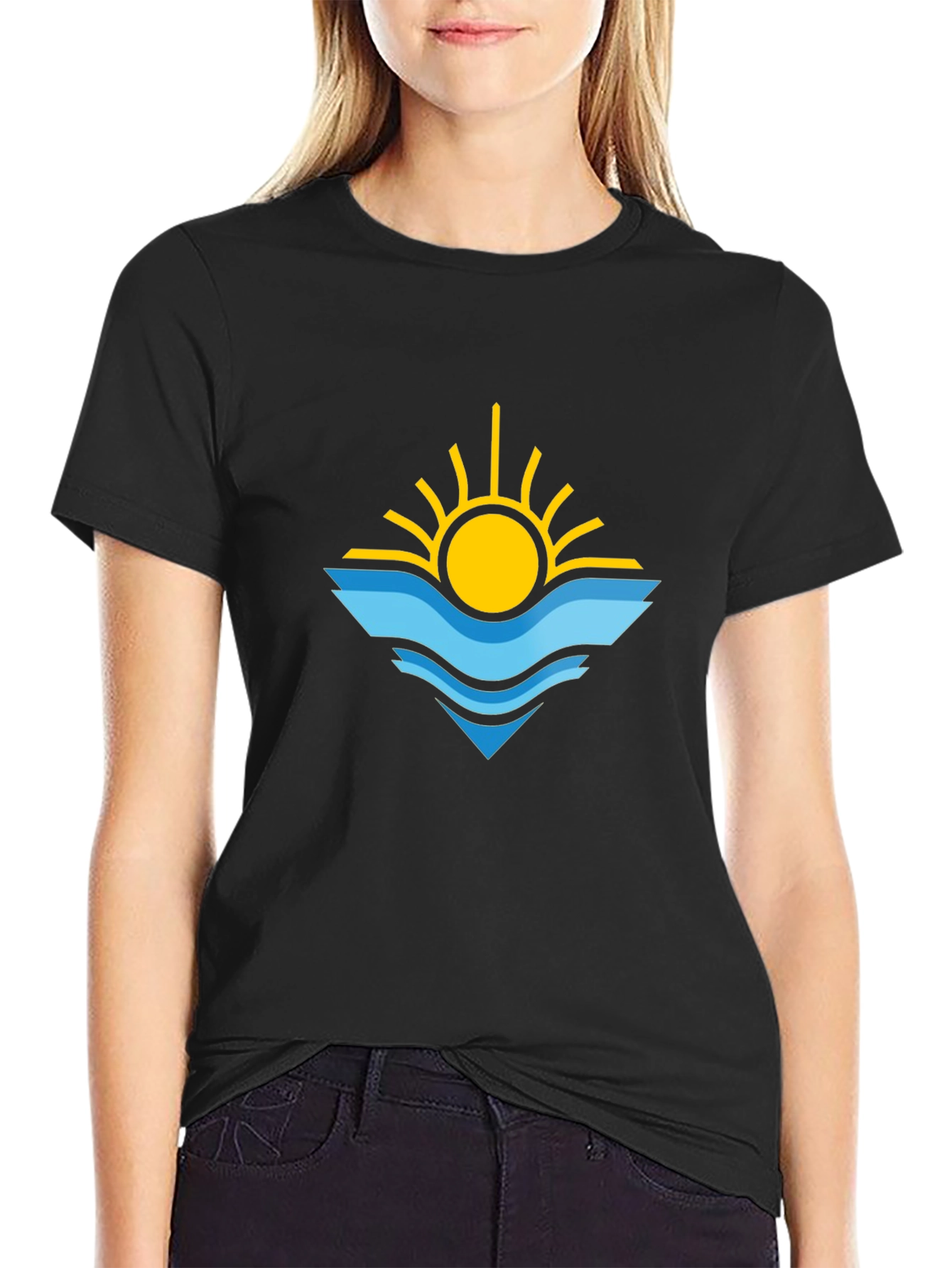 Sun & Waves Graphic Tee - Black Cotton Shirt