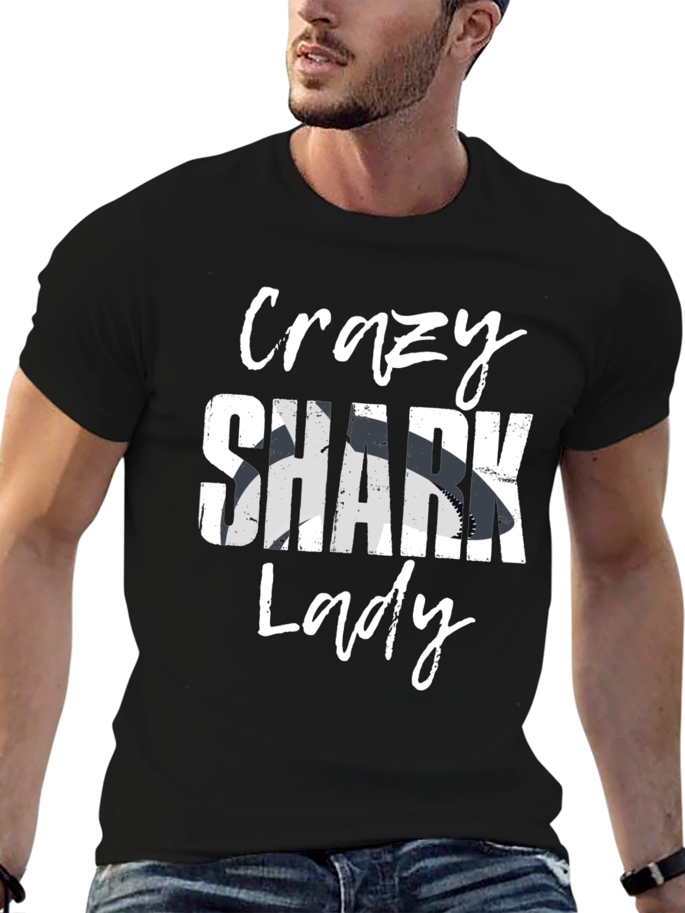 Crazy Shark Lady Graphic T-Shirt - Black Cotton Tee