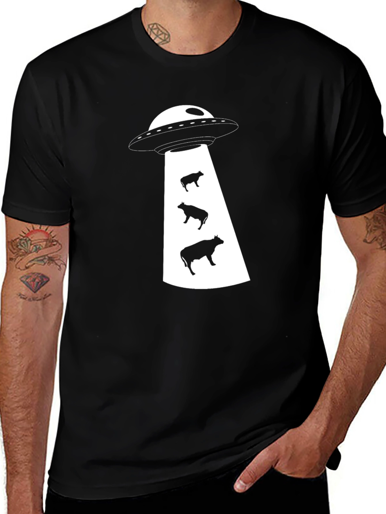 UFO Cow Abduction Graphic Tee - Black Cotton T-Shirt