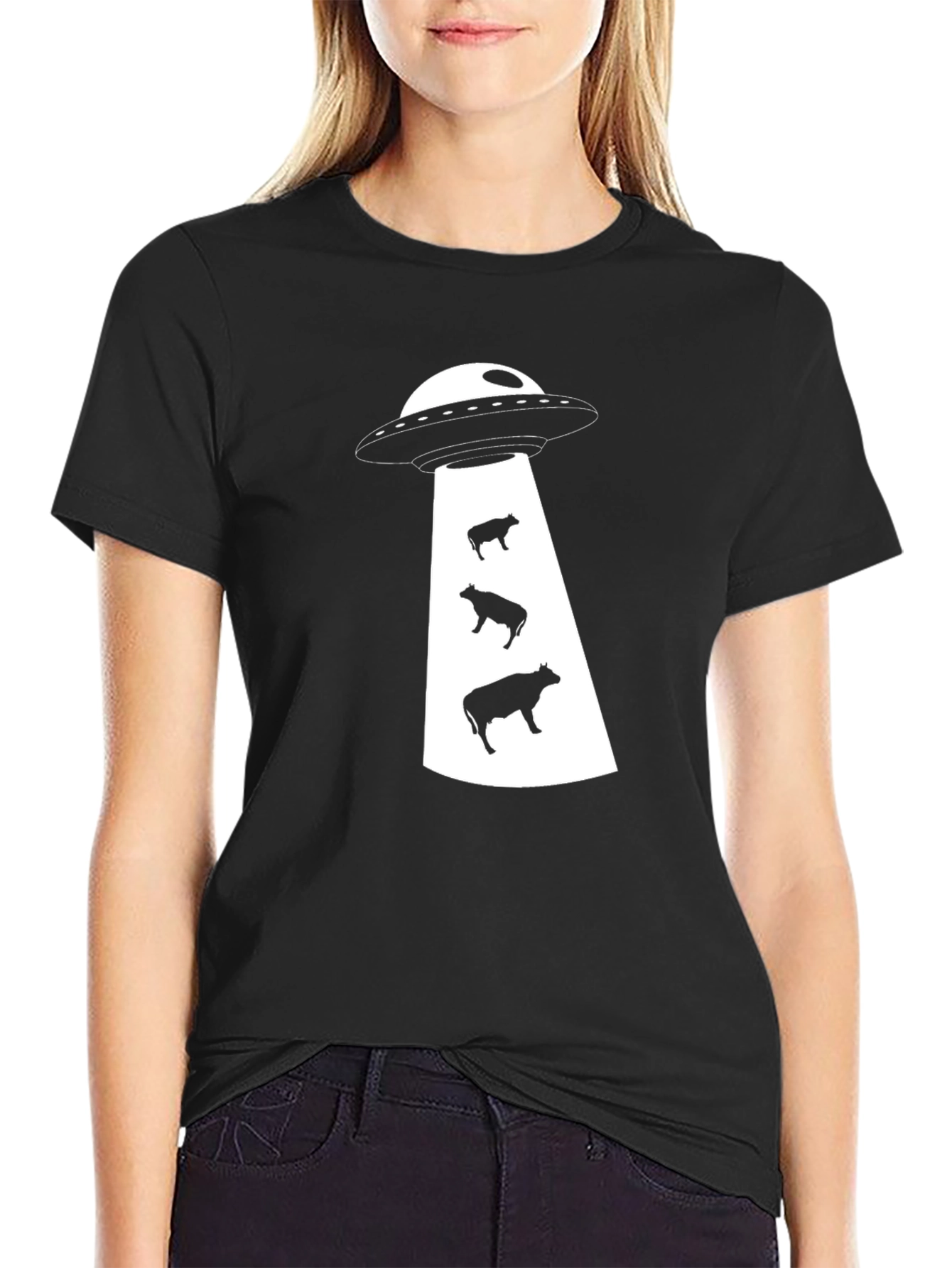 UFO Cow Abduction Graphic Tee - Black Cotton T-Shirt
