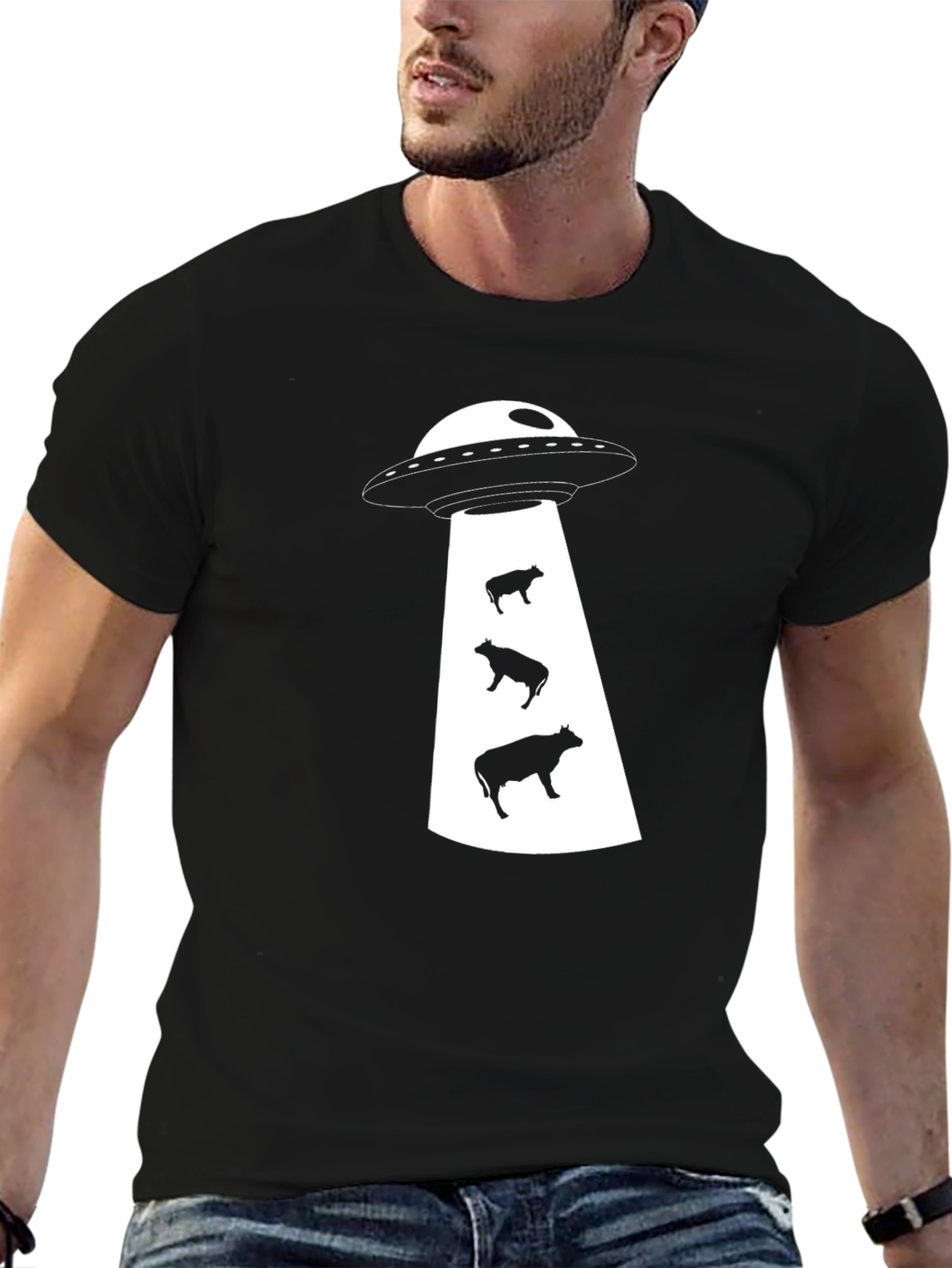 UFO Cow Abduction Graphic Tee - Black Cotton T-Shirt