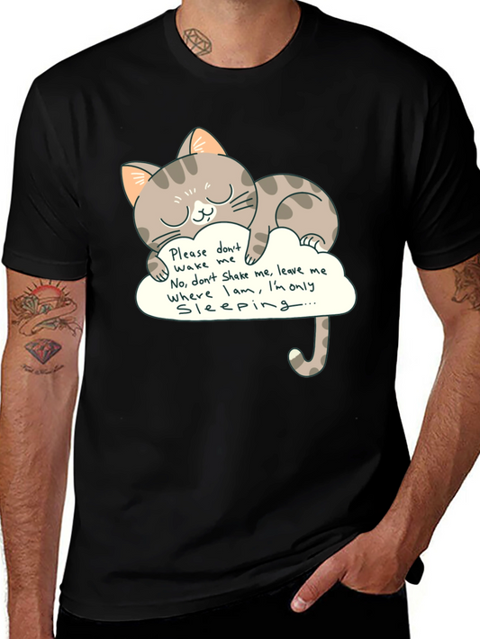 Cute Cat Sleeping on Cloud Graphic Tee - Black