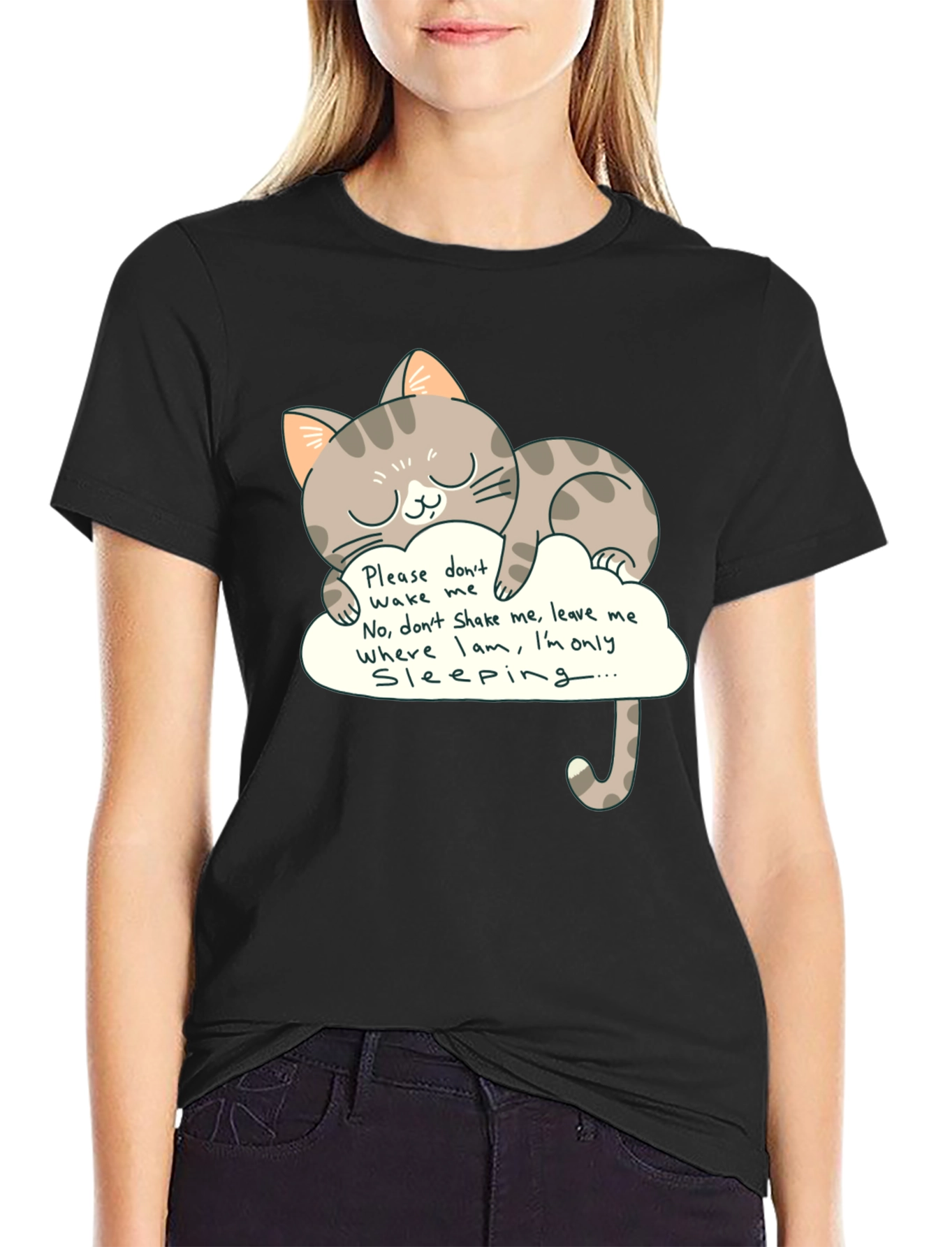 Cute Cat Sleeping on Cloud Graphic Tee - Black