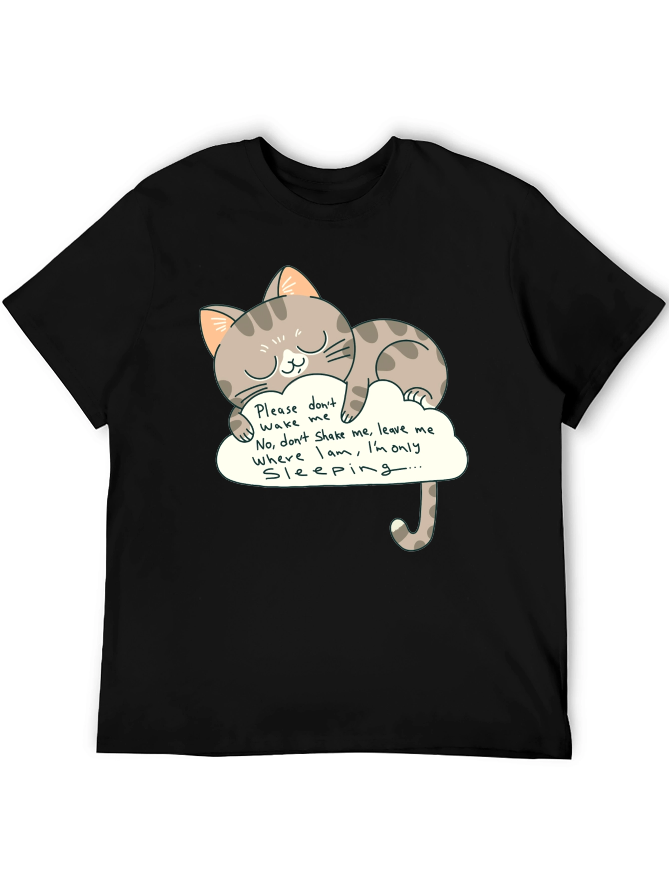 Cute Cat Sleeping on Cloud Graphic Tee - Black