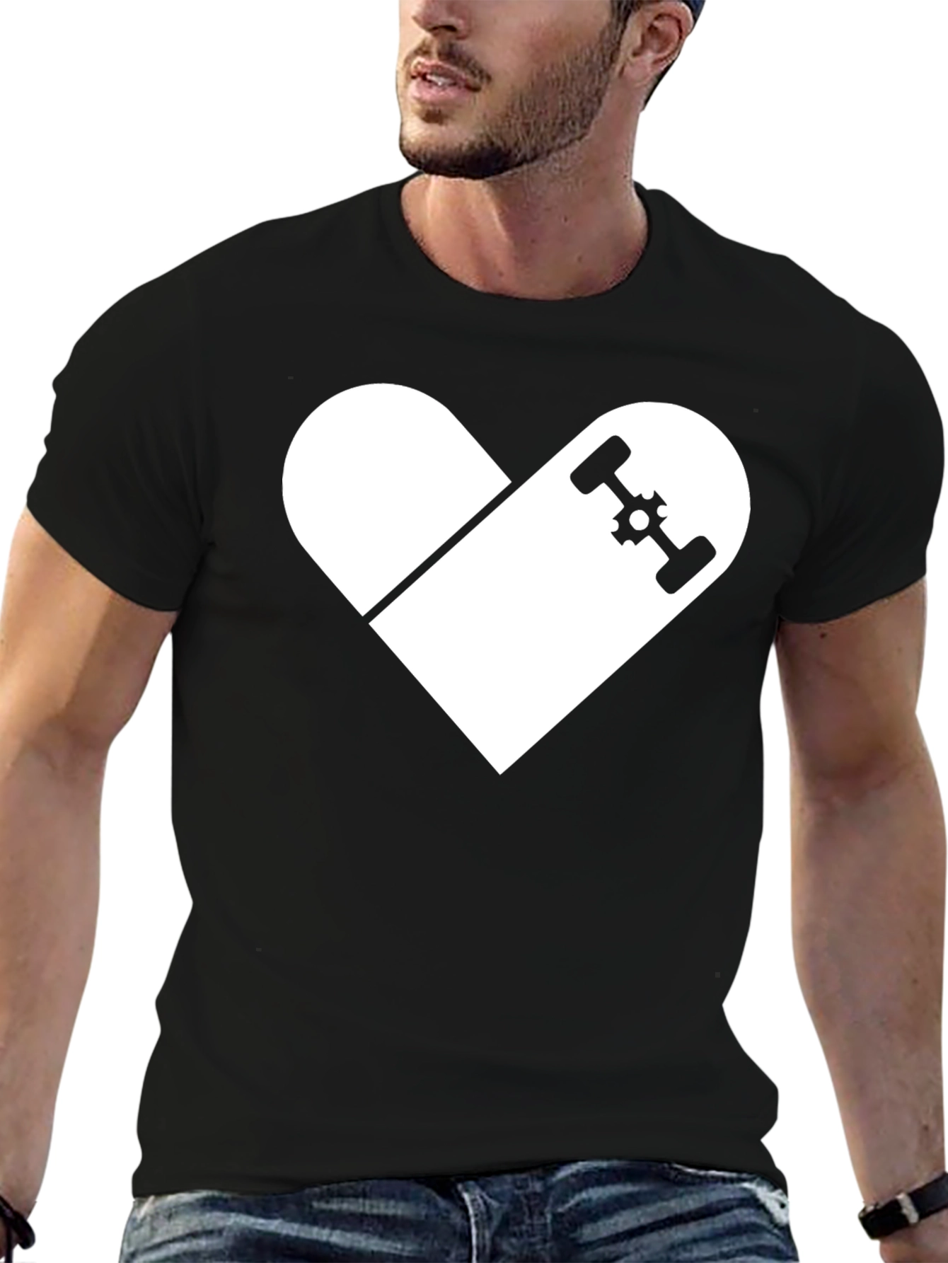 Skateboard Heart Graphic T-Shirt - Casual Black Tee