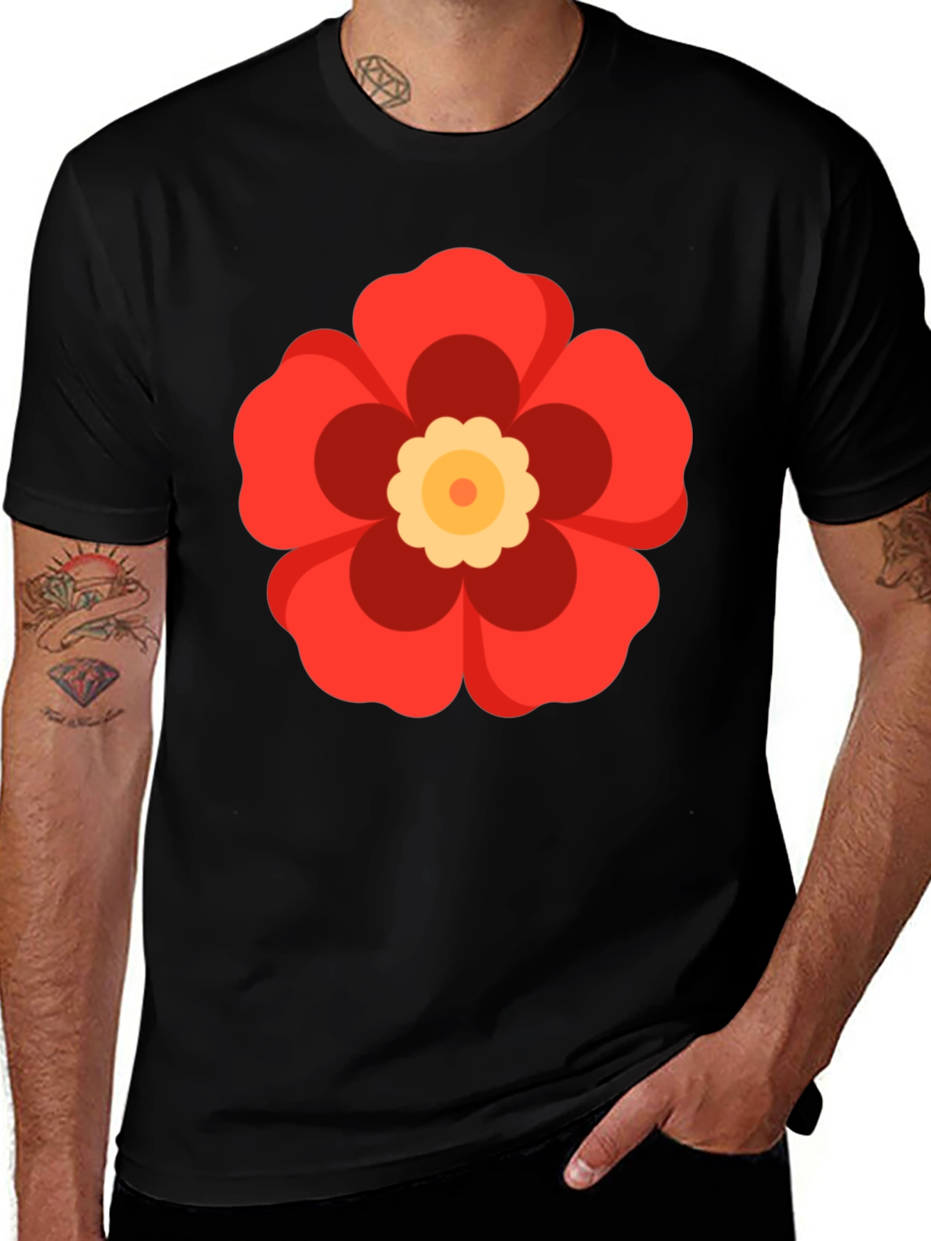 Black T-Shirt with Red Flower Graphic