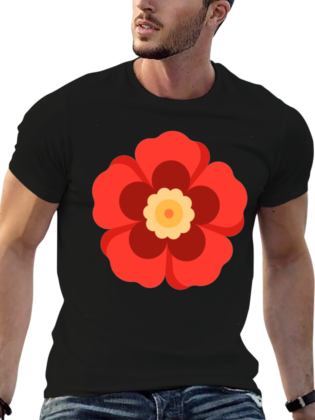 Black T-Shirt with Red Flower Graphic