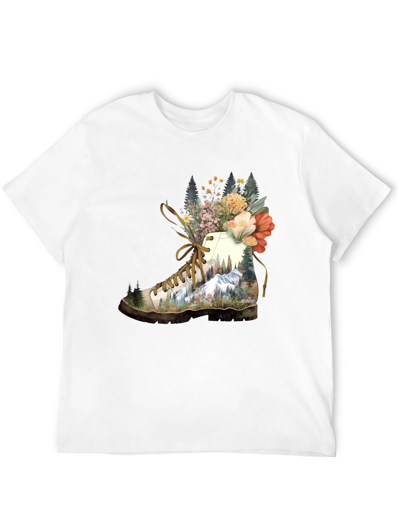 Hiking Boot with Floral Mountainscape T-Shirt