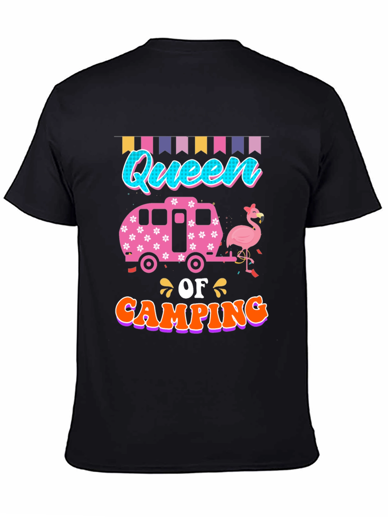 Queen of Camping T-Shirt: Flamingo & Camper Design