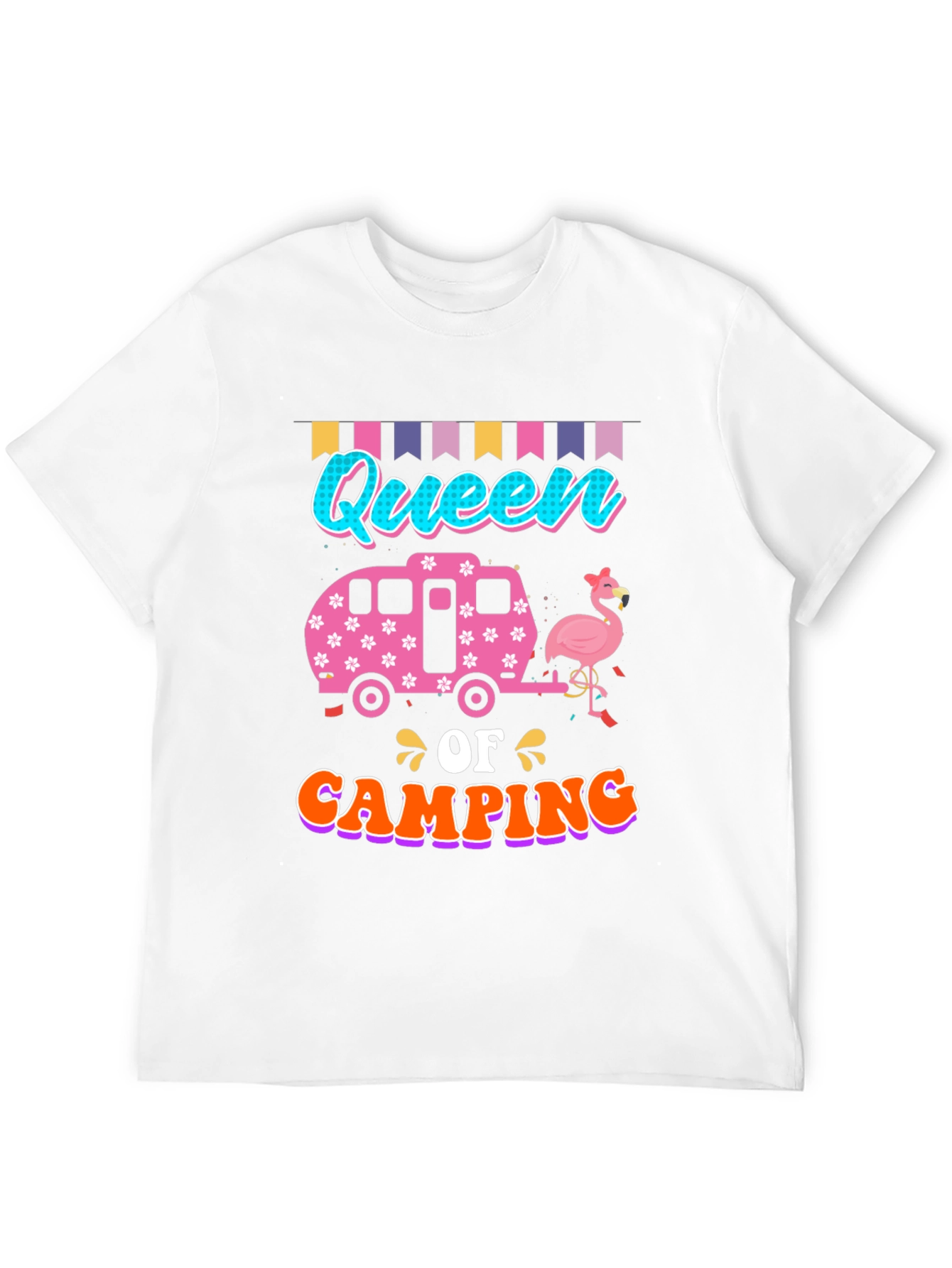 Queen of Camping T-Shirt: Flamingo & Camper Design