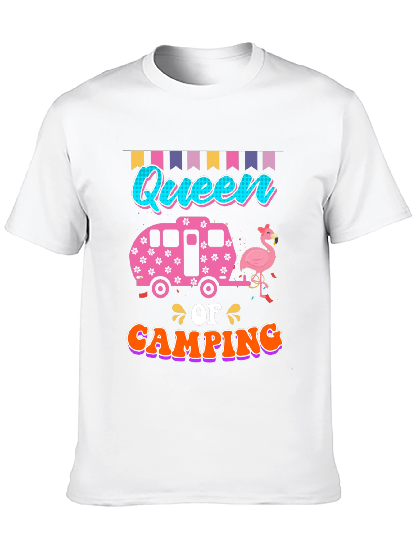 Queen of Camping T-Shirt: Flamingo & Camper Design