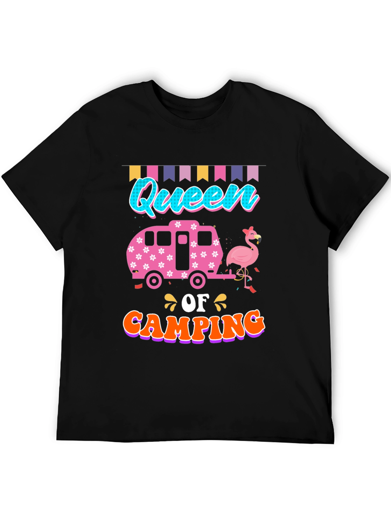 Queen of Camping T-Shirt: Flamingo & Camper Design